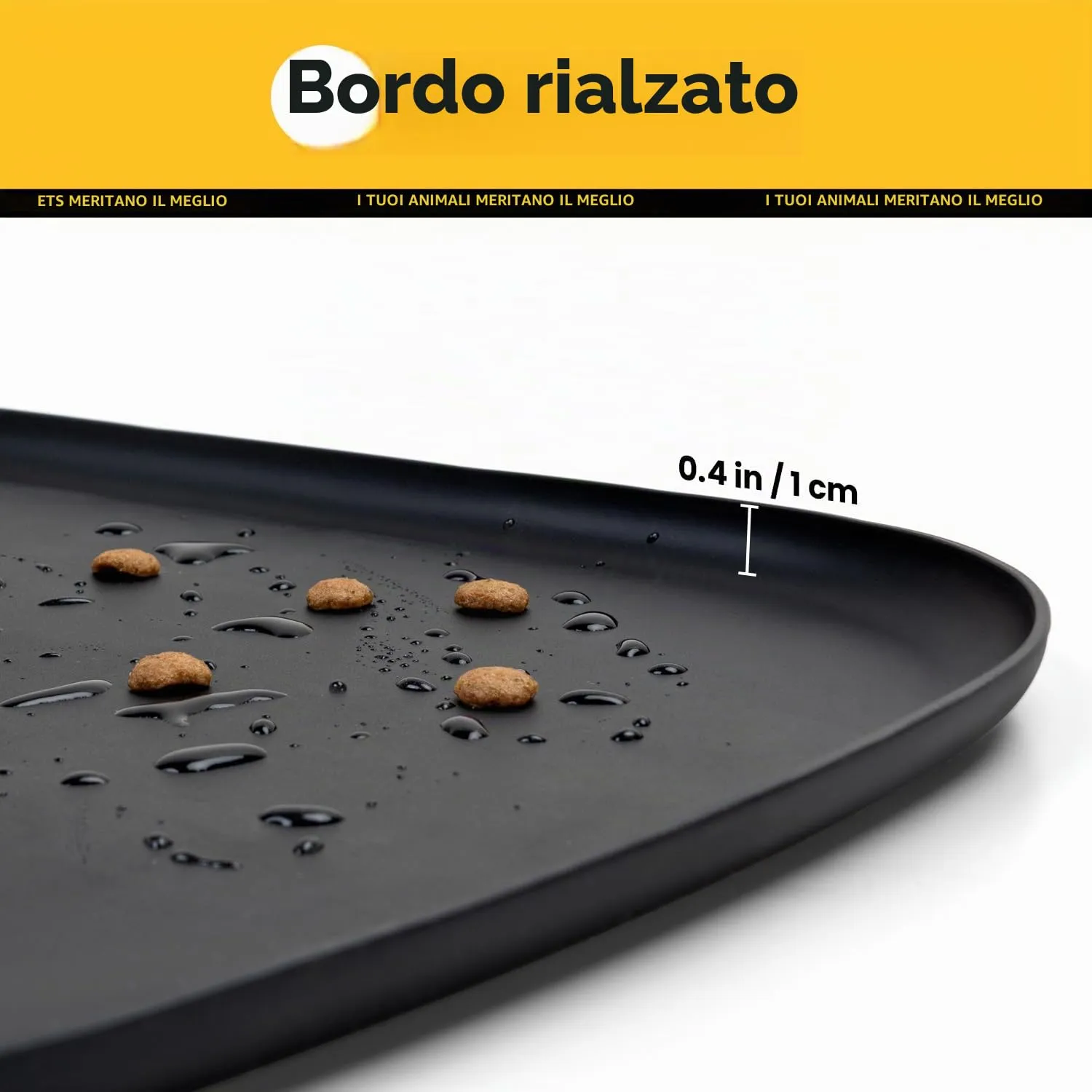 Conlun Tappetino per Cibo di Cane con Tascone Laterale & Foro per Gancetto, Bordi Morbidi Rialzati, Facile da Pulire Impermeabile Antiscivolo in Silicone per Ciotola d'Acqua (46x30cm,Nero) - immagine 5