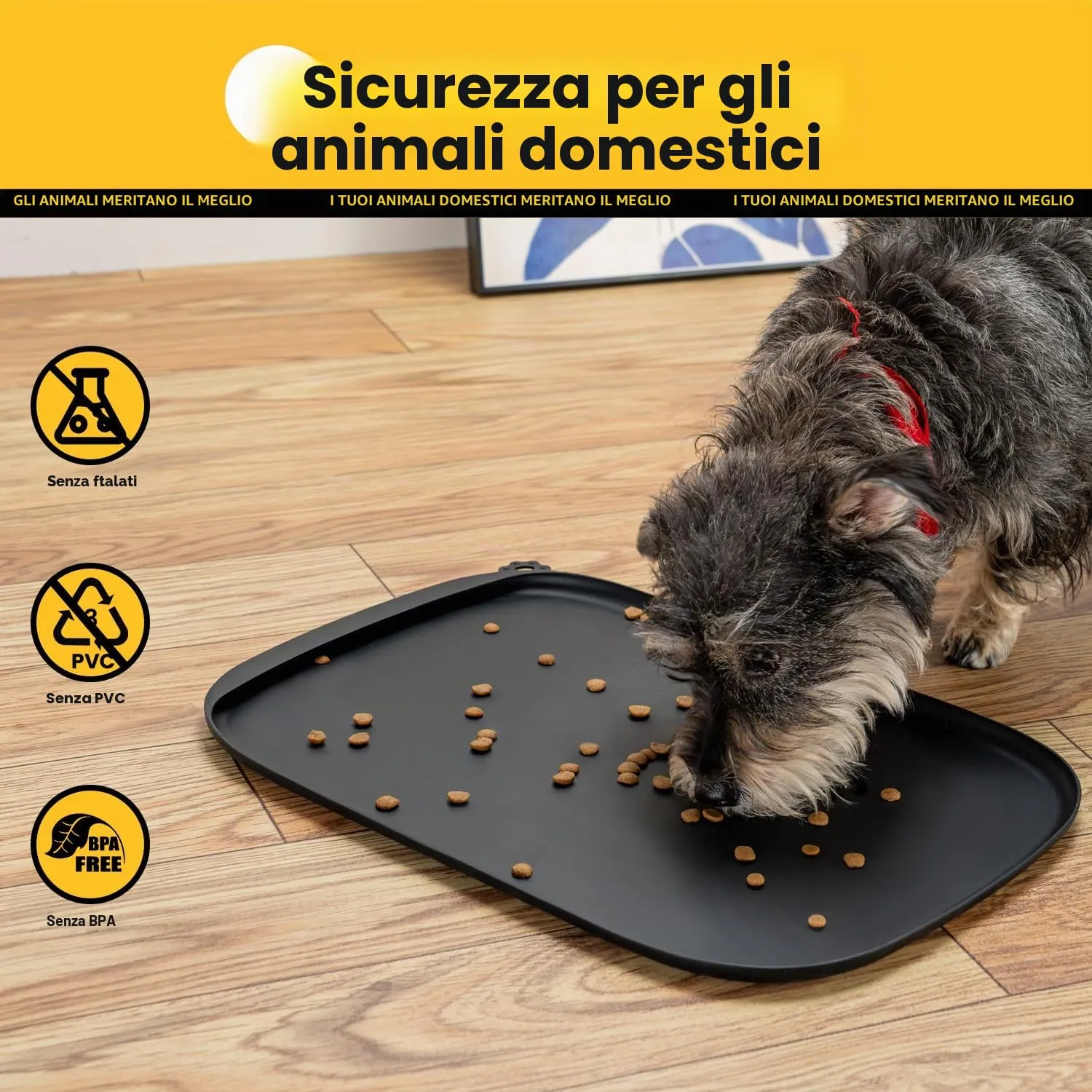 Conlun Tappetino per Cibo di Cane con Tascone Laterale & Foro per Gancetto, Bordi Morbidi Rialzati, Facile da Pulire Impermeabile Antiscivolo in Silicone per Ciotola d'Acqua (46x30cm,Nero) - immagine 6