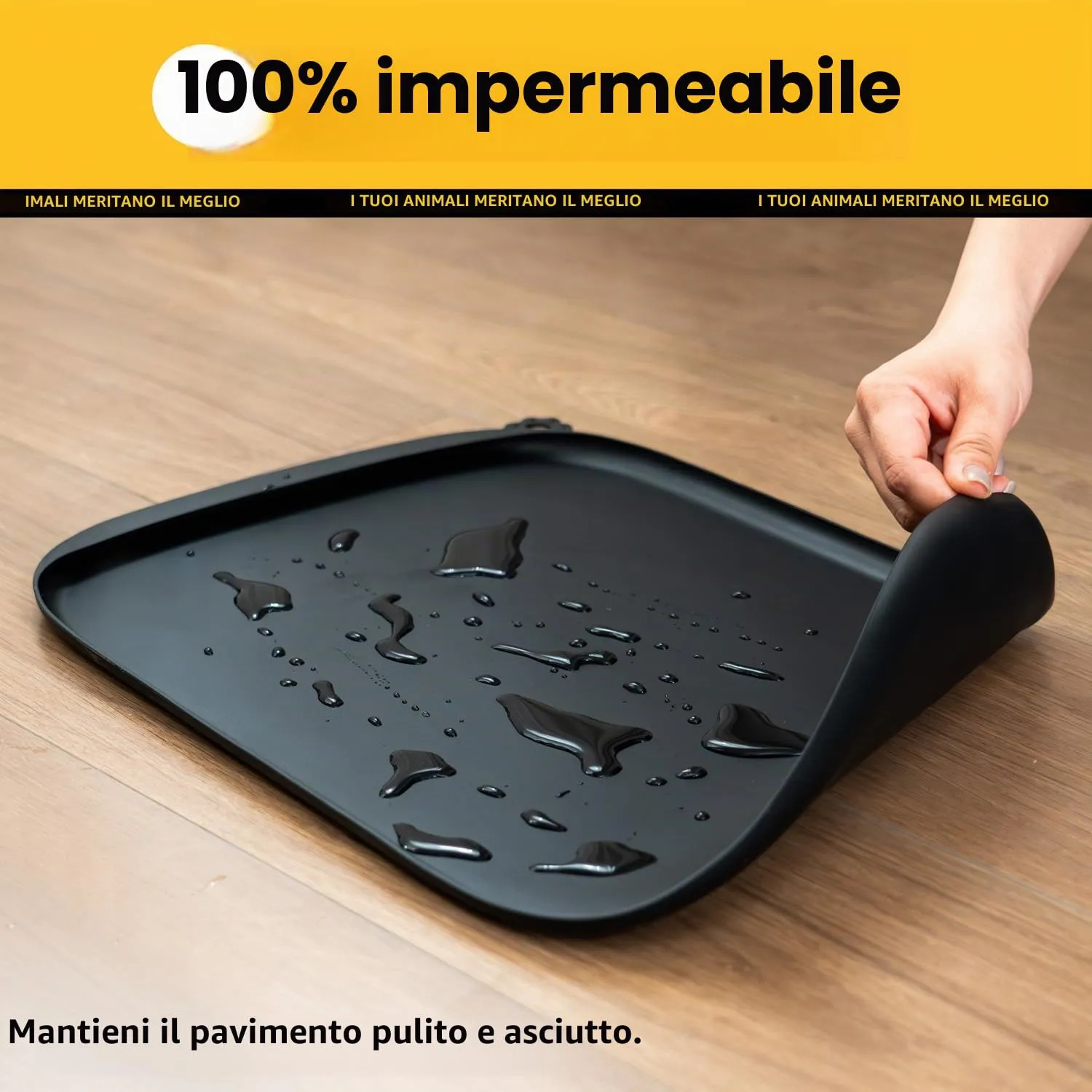 Conlun Tappetino per Cibo di Cane con Tascone Laterale & Foro per Gancetto, Bordi Morbidi Rialzati, Facile da Pulire Impermeabile Antiscivolo in Silicone per Ciotola d'Acqua (46x30cm,Nero) - immagine 7