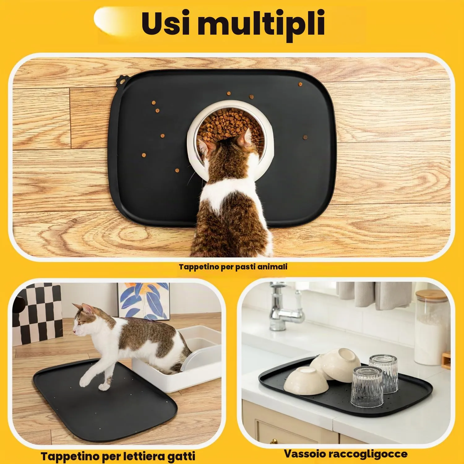 Conlun Tappetino per Cibo di Cane con Tascone Laterale & Foro per Gancetto, Bordi Morbidi Rialzati, Facile da Pulire Impermeabile Antiscivolo in Silicone per Ciotola d'Acqua (46x30cm,Nero) - immagine 8