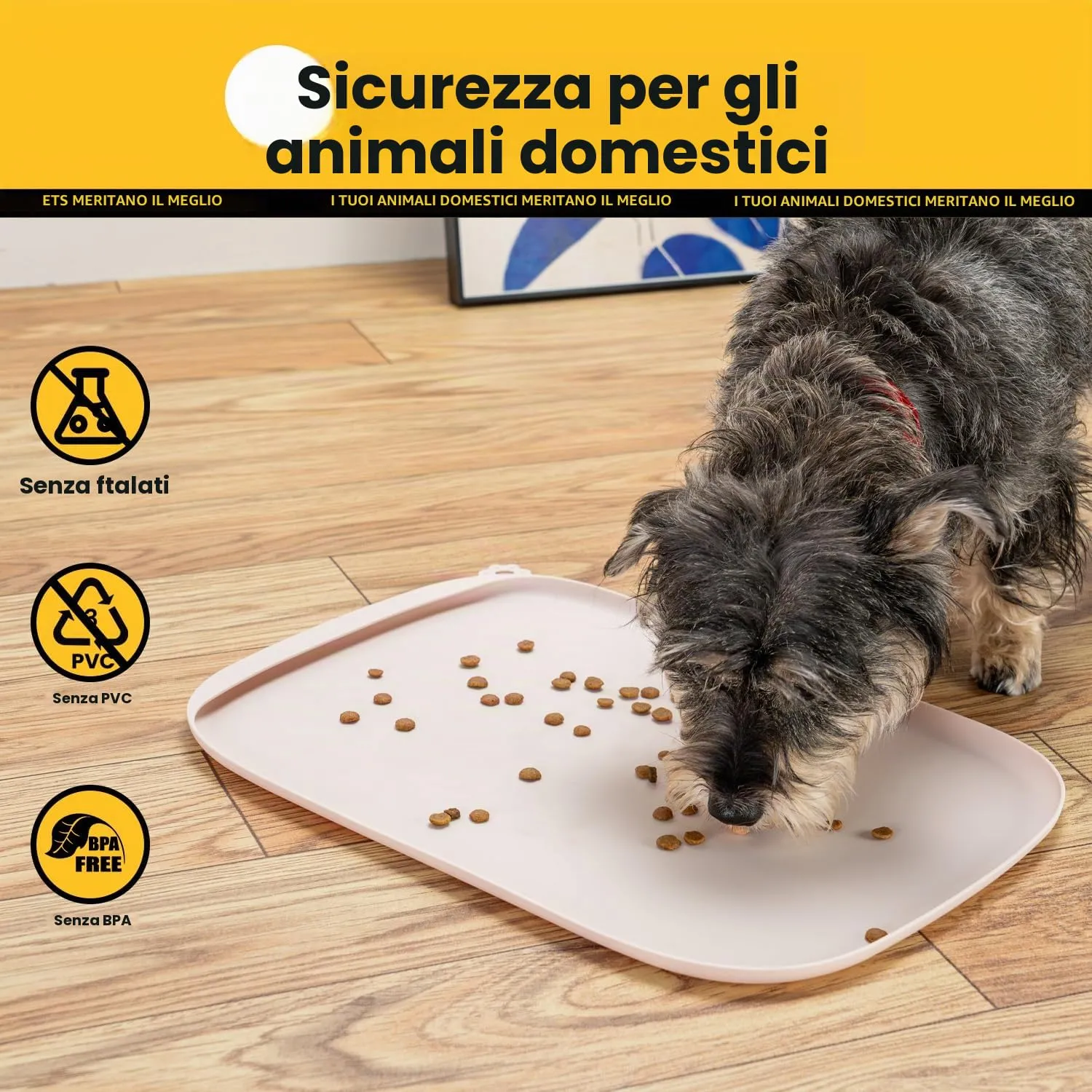 Conlun Tappetino per Cibo di Cane con Tascone Laterale & Foro per Gancetto, Bordi Morbidi Rialzati, Facile da Pulire Impermeabile Antiscivolo in Silicone per Ciotola d'Acqua (46x30cm,Tan Naturale) - immagine 6