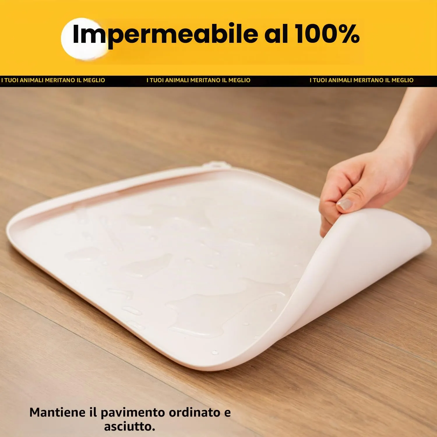 Conlun Tappetino per Cibo di Cane con Tascone Laterale & Foro per Gancetto, Bordi Morbidi Rialzati, Facile da Pulire Impermeabile Antiscivolo in Silicone per Ciotola d'Acqua (46x30cm,Tan Naturale) - immagine 7