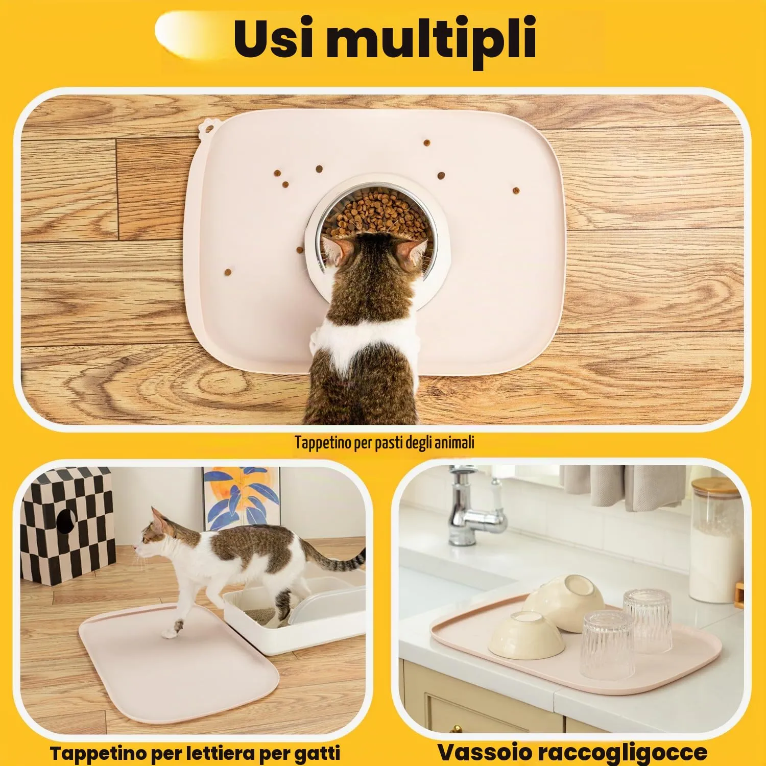 Conlun Tappetino per Cibo di Cane con Tascone Laterale & Foro per Gancetto, Bordi Morbidi Rialzati, Facile da Pulire Impermeabile Antiscivolo in Silicone per Ciotola d'Acqua (46x30cm,Tan Naturale) - immagine 8