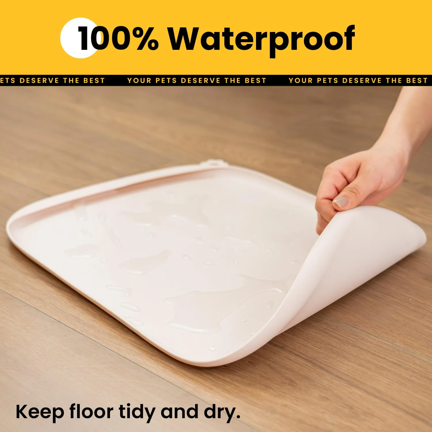 Conlun Tappetino per Cibo di Cane con Tascone Laterale & Foro per Gancetto, Bordi Morbidi Rialzati, Facile da Pulire Impermeabile Antiscivolo in Silicone per Ciotola d'Acqua (60x40cm,Tan Naturale) - immagine 7