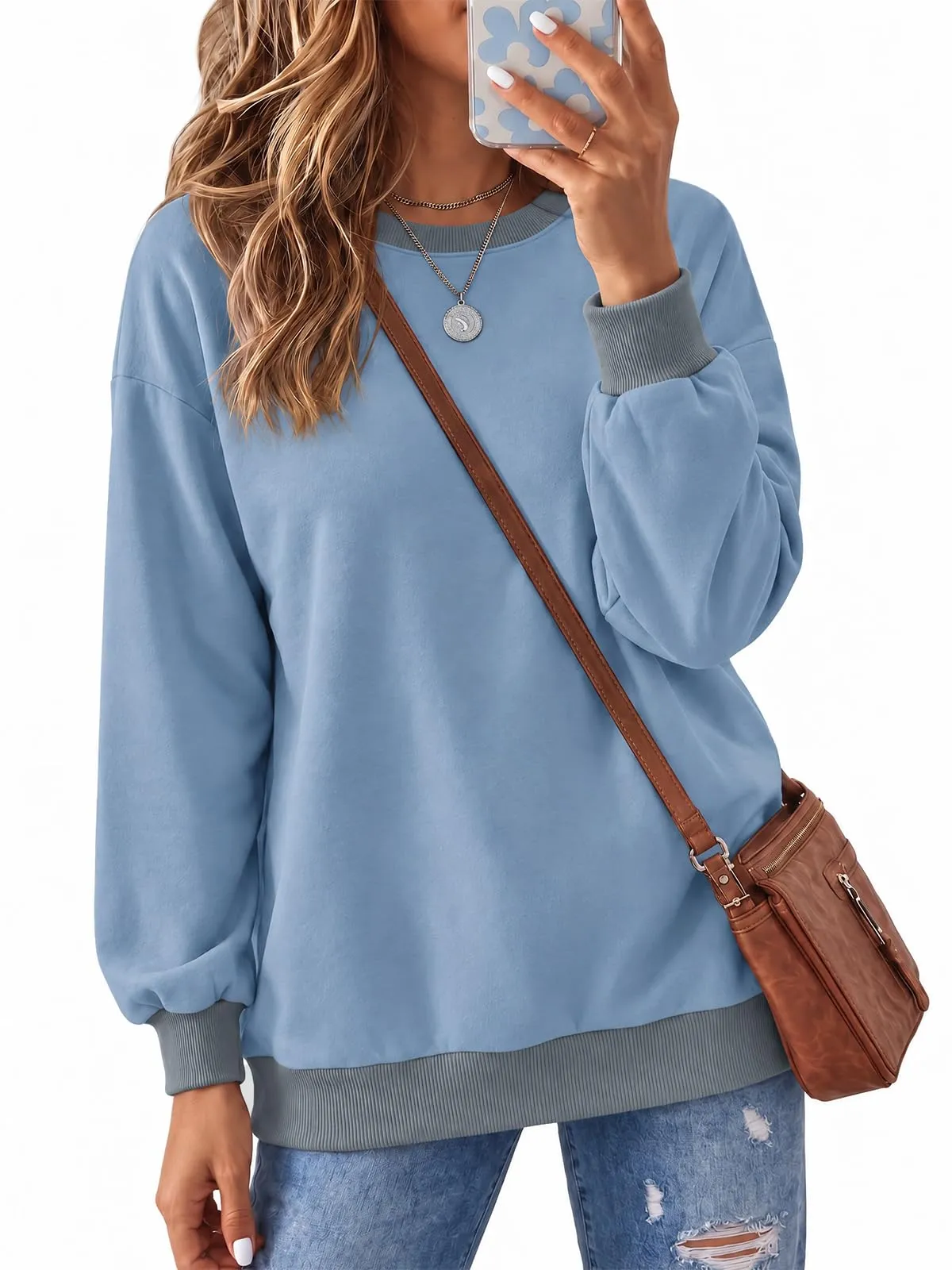 Fisoew Maglione da donna, a maniche lunghe, girocollo, color blocchi, casual, con fondo a costine, Blu, S - immagine 1