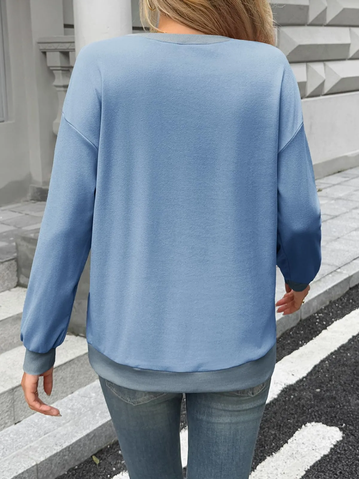 Fisoew Maglione da donna, a maniche lunghe, girocollo, colori a blocchi, casual, con fondo a costine, Blu, M - immagine 4