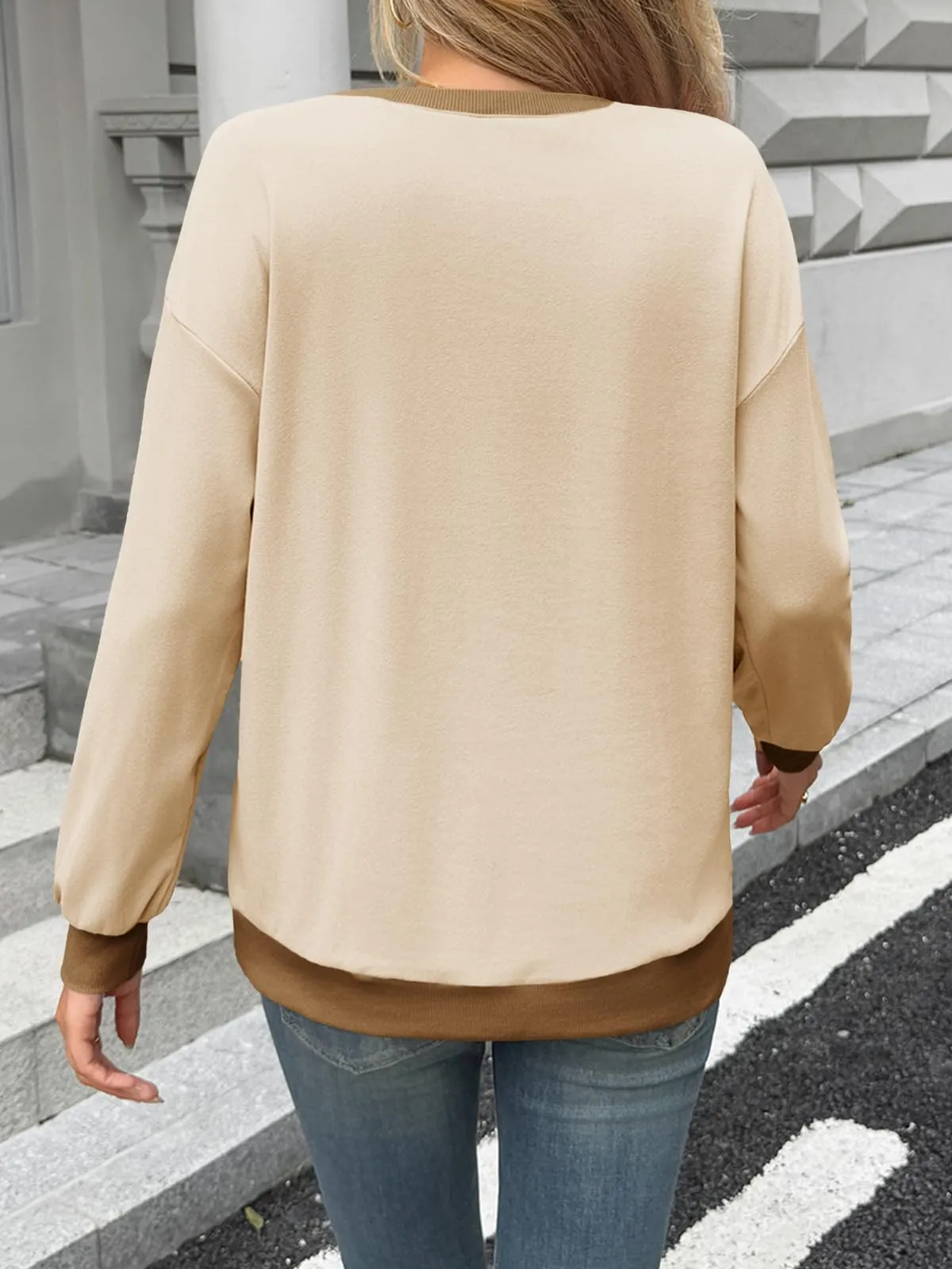 Fisoew Maglione da donna, a maniche lunghe, girocollo, colori a blocchi, casual, con fondo a costine, beige., XL - immagine 4