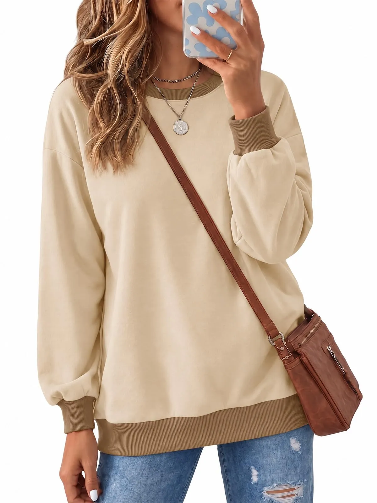 Fisoew Felpa da donna a blocchi di colore, girocollo, a maniche lunghe, basic, beige., XXL - immagine 1