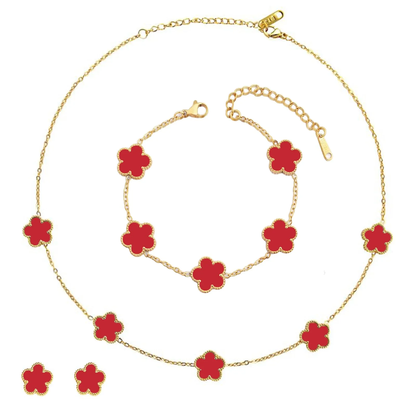 ZHITENG Parure Gioielli Trifoglio a Cinque Foglie, Regolabile Bracciale Trifoglio a Cinque Foglie, Motivo Floreale Collana, set da 3 Pezzi Adatto Come Regalo per Fidanzata, Sposa, Madre (Rosso) - immagine 1