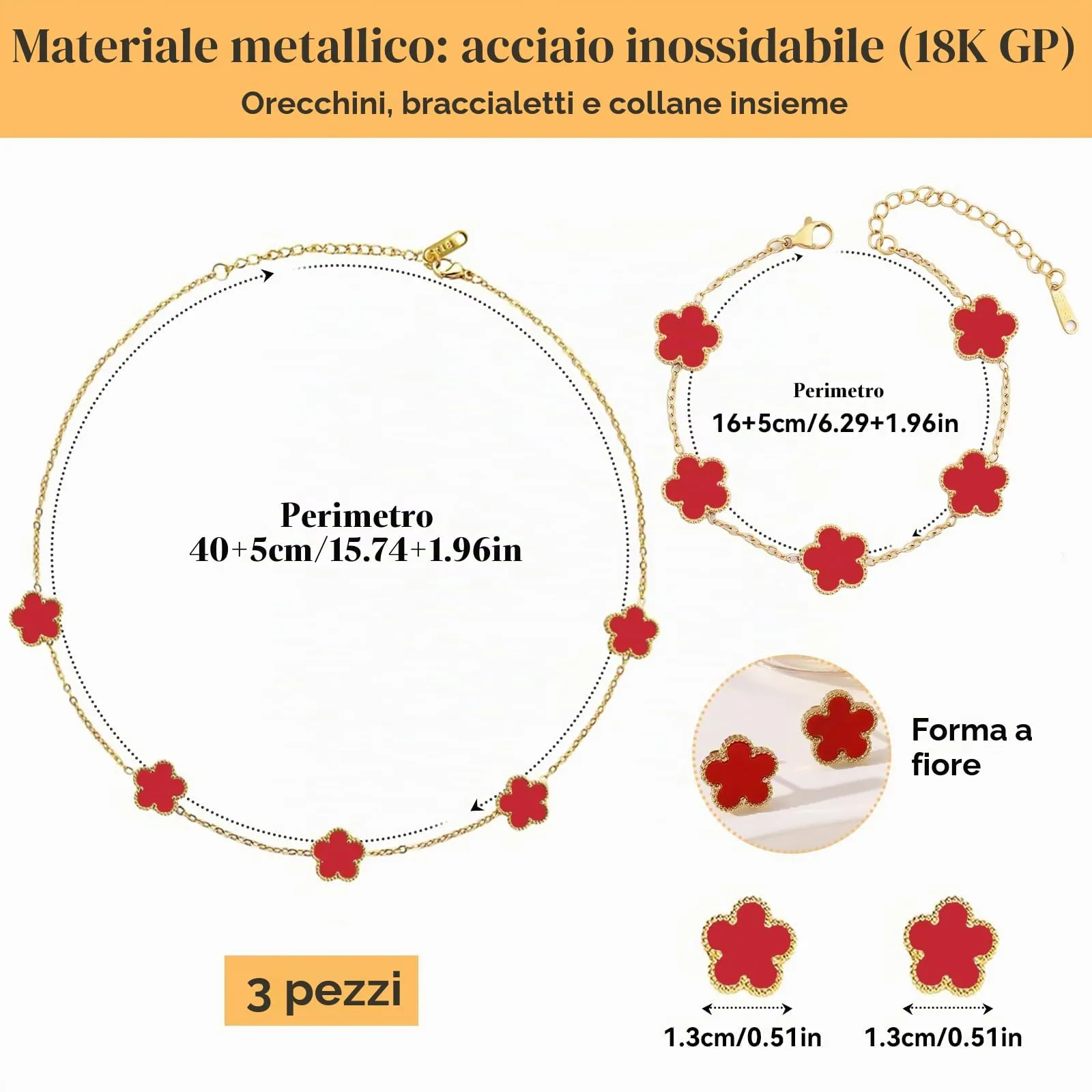 ZHITENG Parure Gioielli Trifoglio a Cinque Foglie, Regolabile Bracciale Trifoglio a Cinque Foglie, Motivo Floreale Collana, set da 3 Pezzi Adatto Come Regalo per Fidanzata, Sposa, Madre (Rosso) - immagine 2
