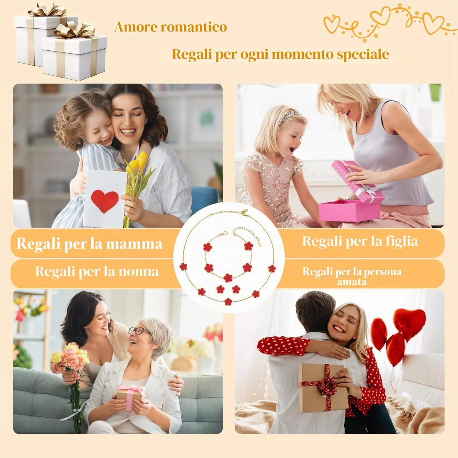 ZHITENG Parure Gioielli Trifoglio a Cinque Foglie, Regolabile Bracciale Trifoglio a Cinque Foglie, Motivo Floreale Collana, set da 3 Pezzi Adatto Come Regalo per Fidanzata, Sposa, Madre (Rosso) - immagine 6