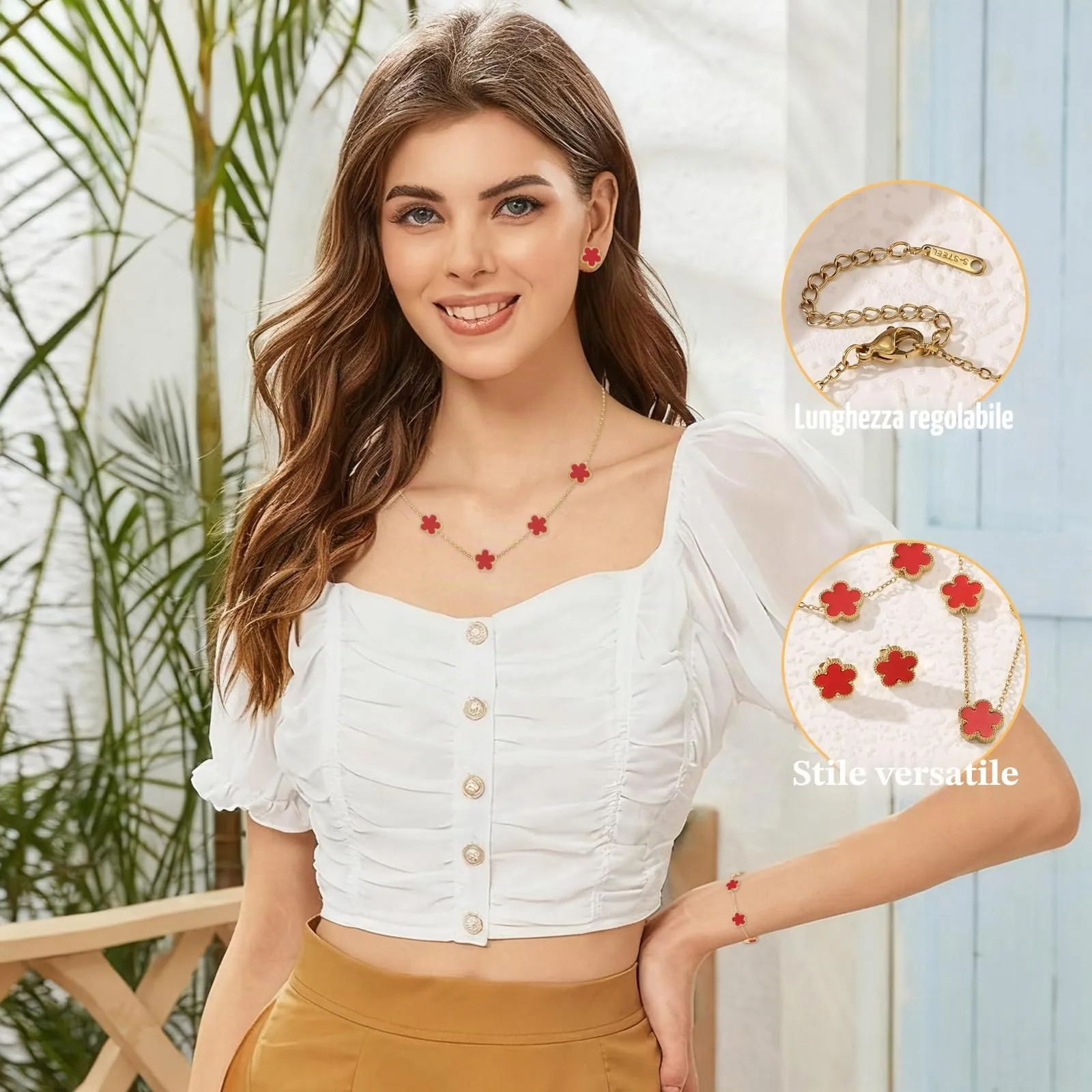 ZHITENG Parure Gioielli Trifoglio a Cinque Foglie, Regolabile Bracciale Trifoglio a Cinque Foglie, Motivo Floreale Collana, set da 3 Pezzi Adatto Come Regalo per Fidanzata, Sposa, Madre (Rosso) - immagine 7