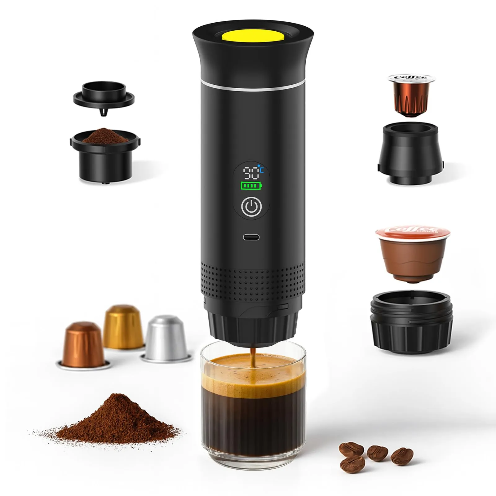 MMOBIEL Macchina Caffè Portatile Macchina da Caffè Espresso Elettrica con Anti-Scivolo, Riscaldante & USB-C – Compatibile con Capsule & Caffè Macinato per Viaggio, Campeggio, Casa, Auto, Ufficio - immagine 1