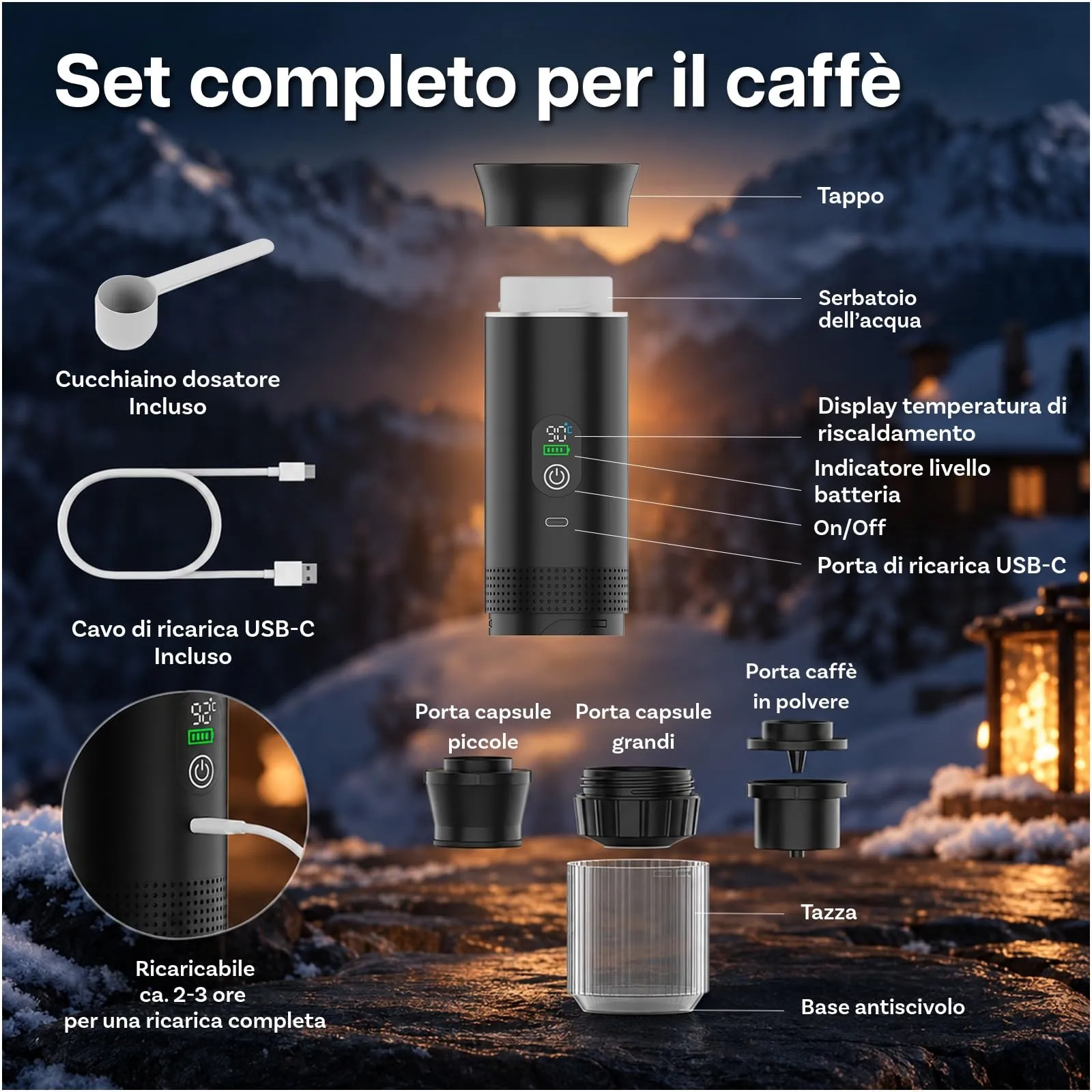MMOBIEL Macchina Caffè Portatile Macchina da Caffè Espresso Elettrica con Anti-Scivolo, Riscaldante & USB-C – Compatibile con Capsule & Caffè Macinato per Viaggio, Campeggio, Casa, Auto, Ufficio - immagine 7