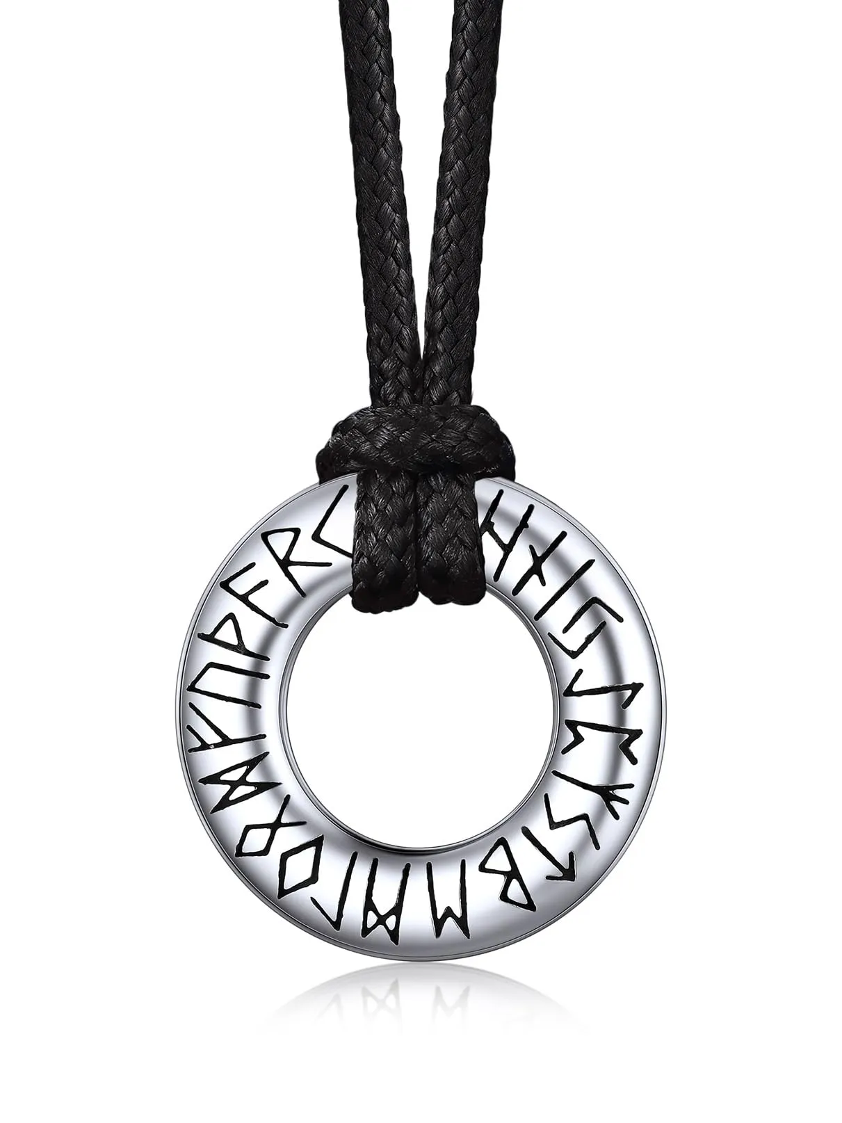 Bandmax Collana Uomo Runa Vichinga in Acciaio Inossidabile/Nero, Ciondolo runico Mobius Rotondo con Catena in Pelle Intrecciata Nera Amuleto Gioielli Vichinghi per Donna e Uomo - immagine 1
