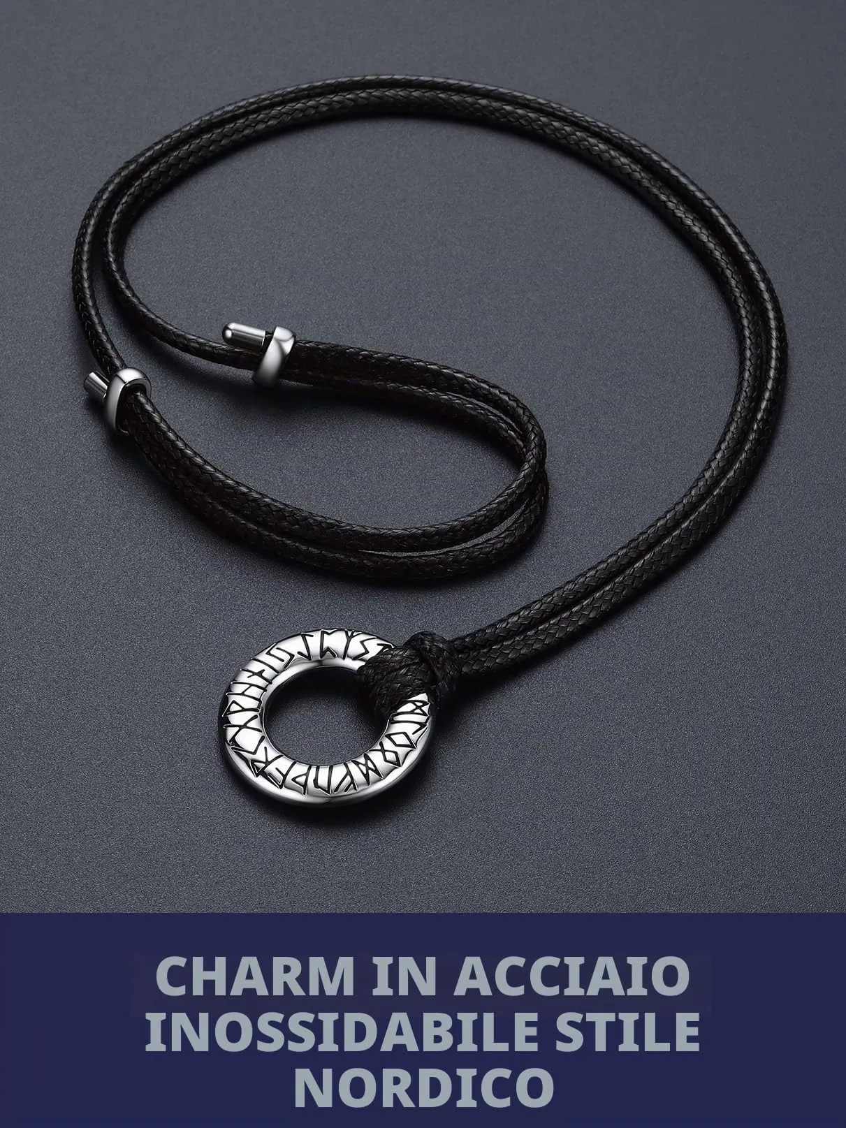 Bandmax Collana Uomo Runa Vichinga in Acciaio Inossidabile/Nero, Ciondolo runico Mobius Rotondo con Catena in Pelle Intrecciata Nera Amuleto Gioielli Vichinghi per Donna e Uomo - immagine 5