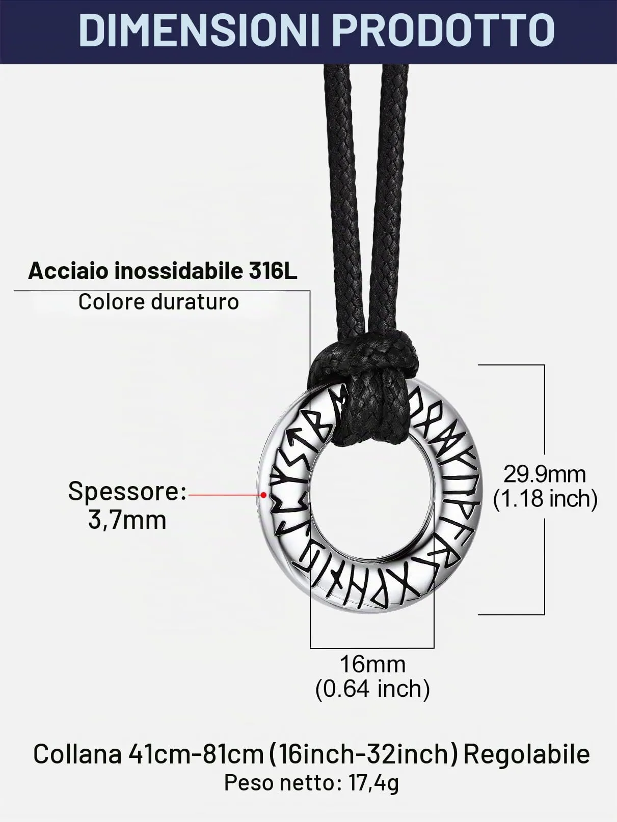 Bandmax Collana Uomo Runa Vichinga in Acciaio Inossidabile/Nero, Ciondolo runico Mobius Rotondo con Catena in Pelle Intrecciata Nera Amuleto Gioielli Vichinghi per Donna e Uomo - immagine 6