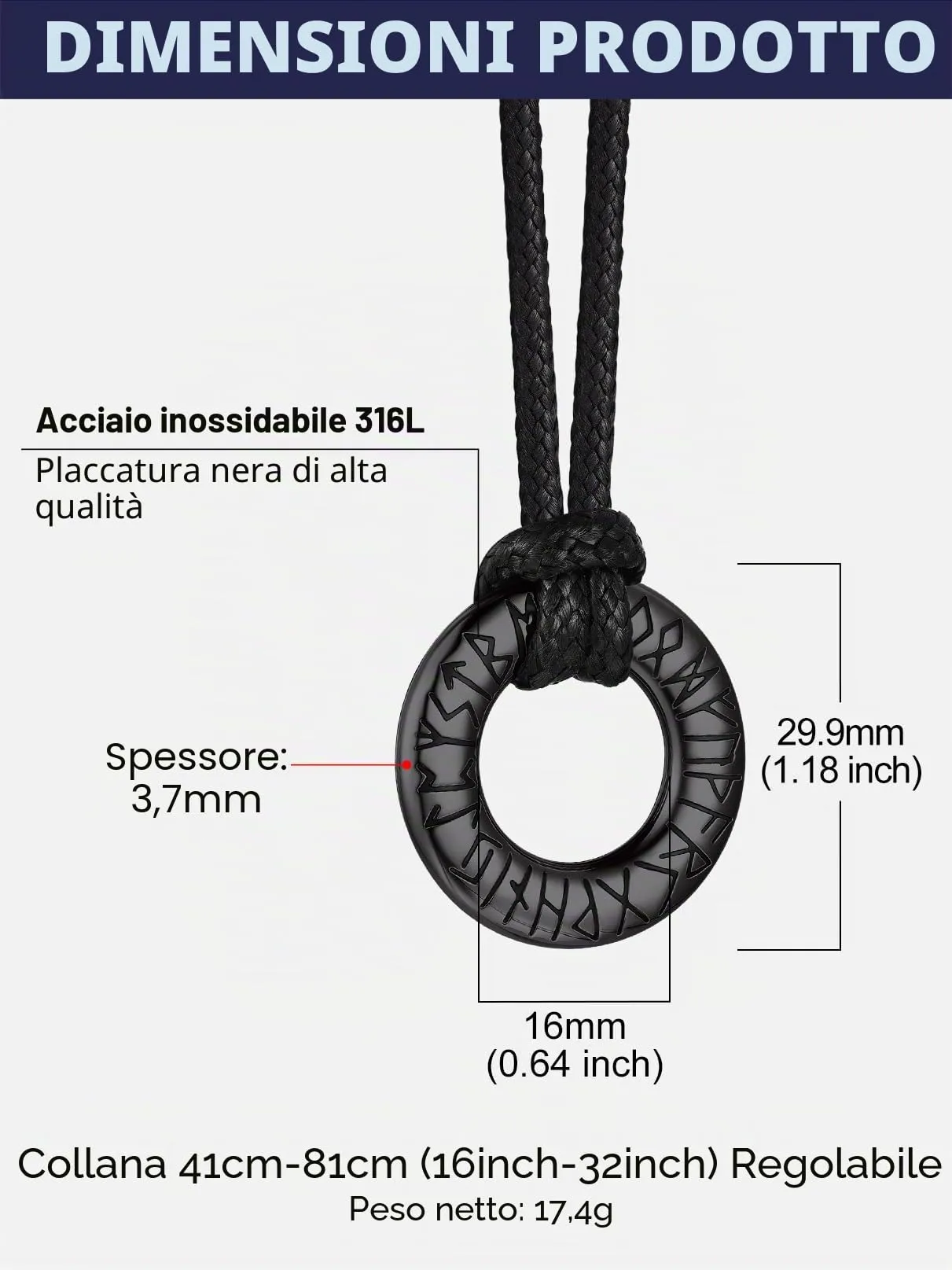 Bandmax Collana Uomo Runa Vichinga in Acciaio Inossidabile/Nero, Ciondolo runico Mobius Rotondo con Catena in Pelle Intrecciata Nera Amuleto Gioielli Vichinghi per Donna e Uomo - immagine 6