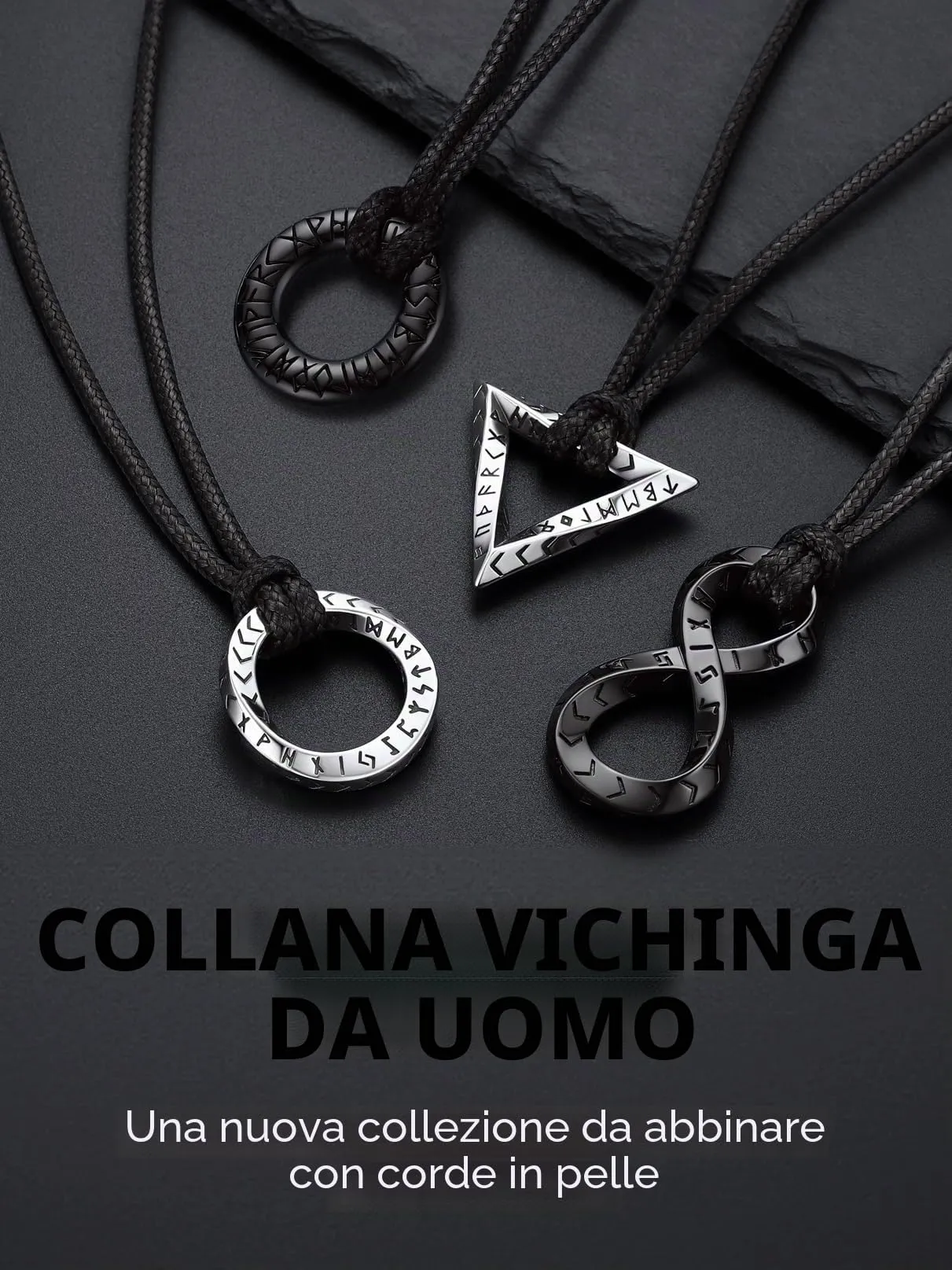 Bandmax Collana Uomo Runa Vichinga in Acciaio Inossidabile/Nero, Ciondolo runico Mobius Rotondo con Catena in Pelle Intrecciata Nera Amuleto Gioielli Vichinghi per Donna e Uomo - immagine 7