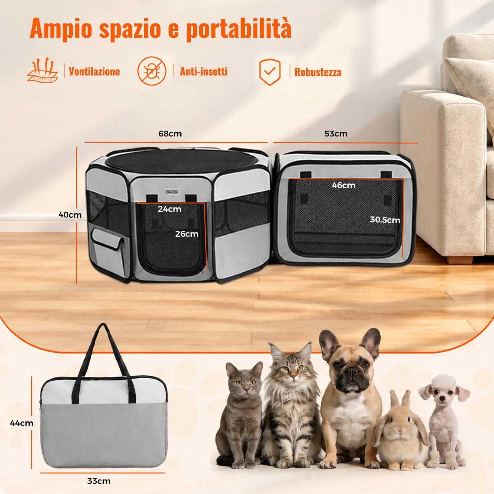 Box portatile 2 in 1 per gatti, 124 x 40 cm, con lettiera staccabile, box pop-up per interni ed esterni, cuccia per cuccioli per gatti/cani di piccola taglia/conigli, pieghevole con borsa per il - immagine 2
