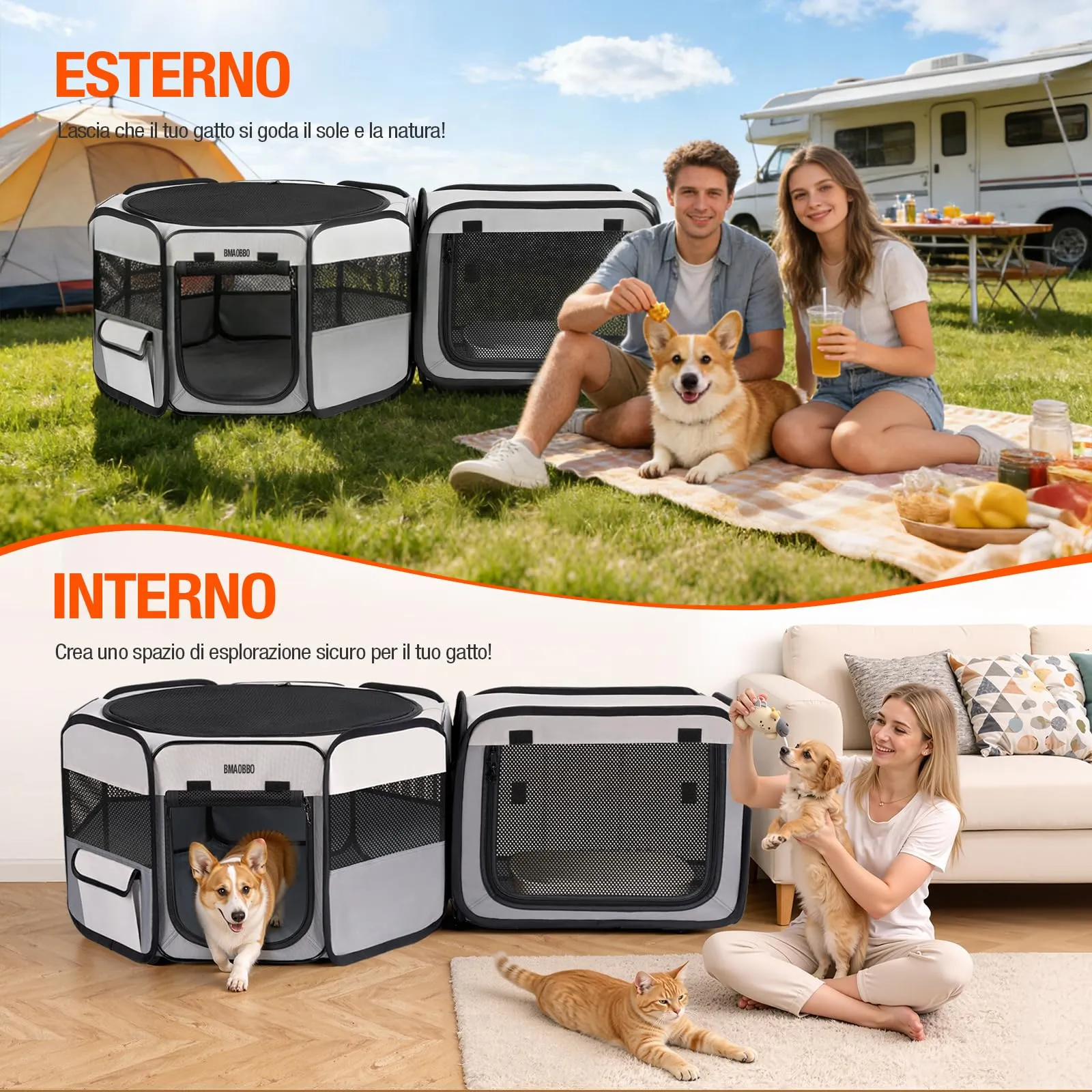 Box portatile 2 in 1 per gatti, 124 x 40 cm, con lettiera staccabile, box pop-up per interni ed esterni, cuccia per cuccioli per gatti/cani di piccola taglia/conigli, pieghevole con borsa per il - immagine 4