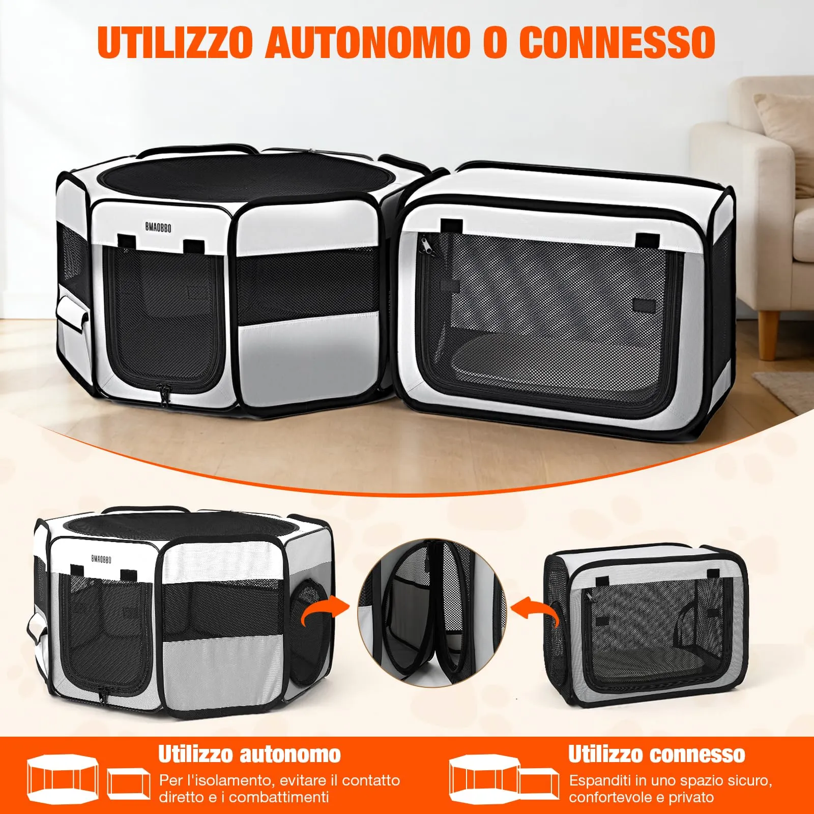 Box portatile 2 in 1 per gatti, 124 x 40 cm, con lettiera staccabile, box pop-up per interni ed esterni, cuccia per cuccioli per gatti/cani di piccola taglia/conigli, pieghevole con borsa per il - immagine 8