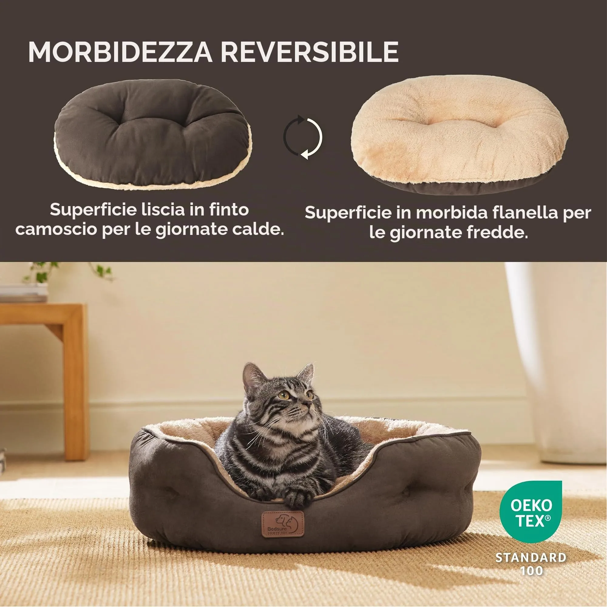 Bedsure Letto per Cani Piccoli Lavabile - Letti Grandi per Gatti da Interno e Cuccioli, Letto Rotondo per Cani di Media Taglia con Fondo Antiscivolo,marrone - immagine 2