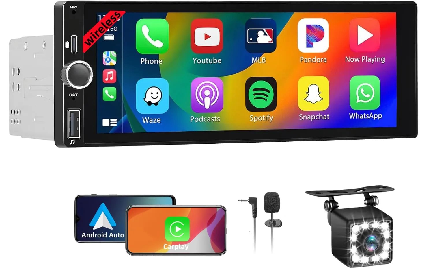 Wireless Autoradio CarPlay 1 DIN - 6.86 Pollici Touchscreen Stereo Auto Bluetooth con Schermo, Radio 1 Din Car Play Supporta Mirror Link con Telecamera, RDS FM Radio/Type-C de Recharge/Mic/SWC - immagine 1