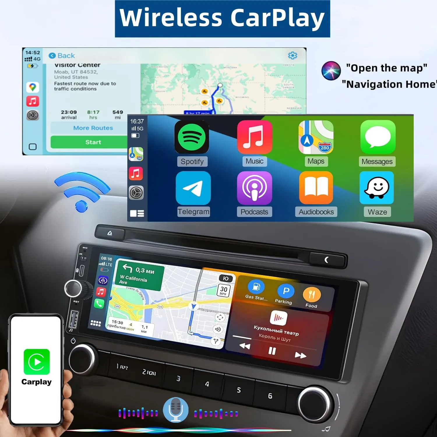 Wireless Autoradio CarPlay 1 DIN - 6.86 Pollici Touchscreen Stereo Auto Bluetooth con Schermo, Radio 1 Din Car Play Supporta Mirror Link con Telecamera, RDS FM Radio/Type-C de Recharge/Mic/SWC - immagine 2