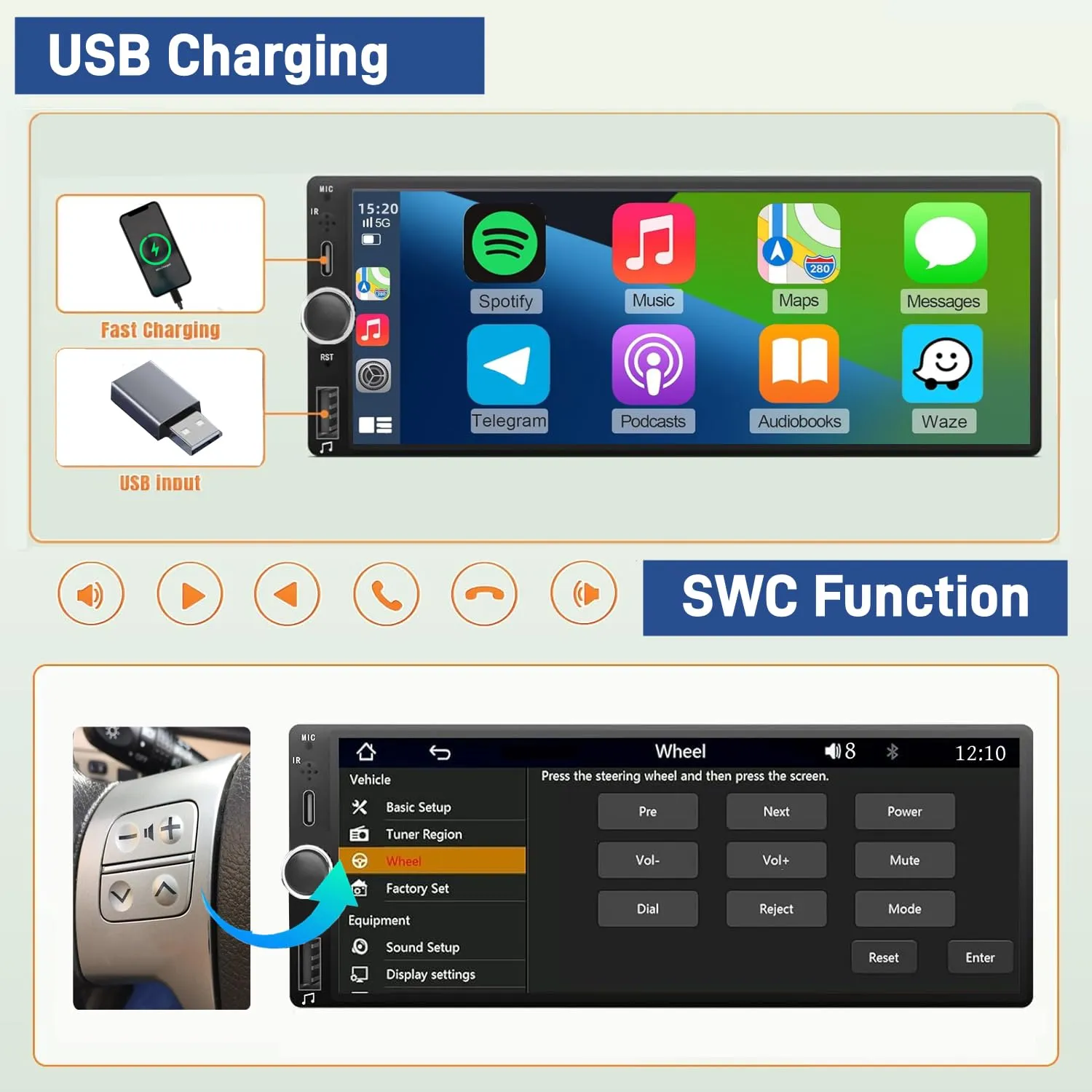 Wireless Autoradio CarPlay 1 DIN - 6.86 Pollici Touchscreen Stereo Auto Bluetooth con Schermo, Radio 1 Din Car Play Supporta Mirror Link con Telecamera, RDS FM Radio/Type-C de Recharge/Mic/SWC - immagine 4