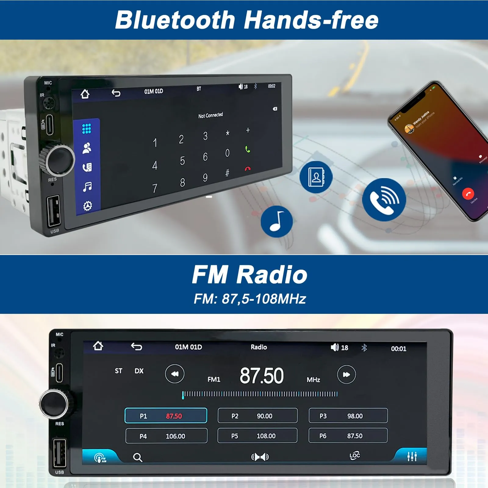 Wireless Autoradio CarPlay 1 DIN - 6.86 Pollici Touchscreen Stereo Auto Bluetooth con Schermo, Radio 1 Din Car Play Supporta Mirror Link con Telecamera, RDS FM Radio/Type-C de Recharge/Mic/SWC - immagine 5
