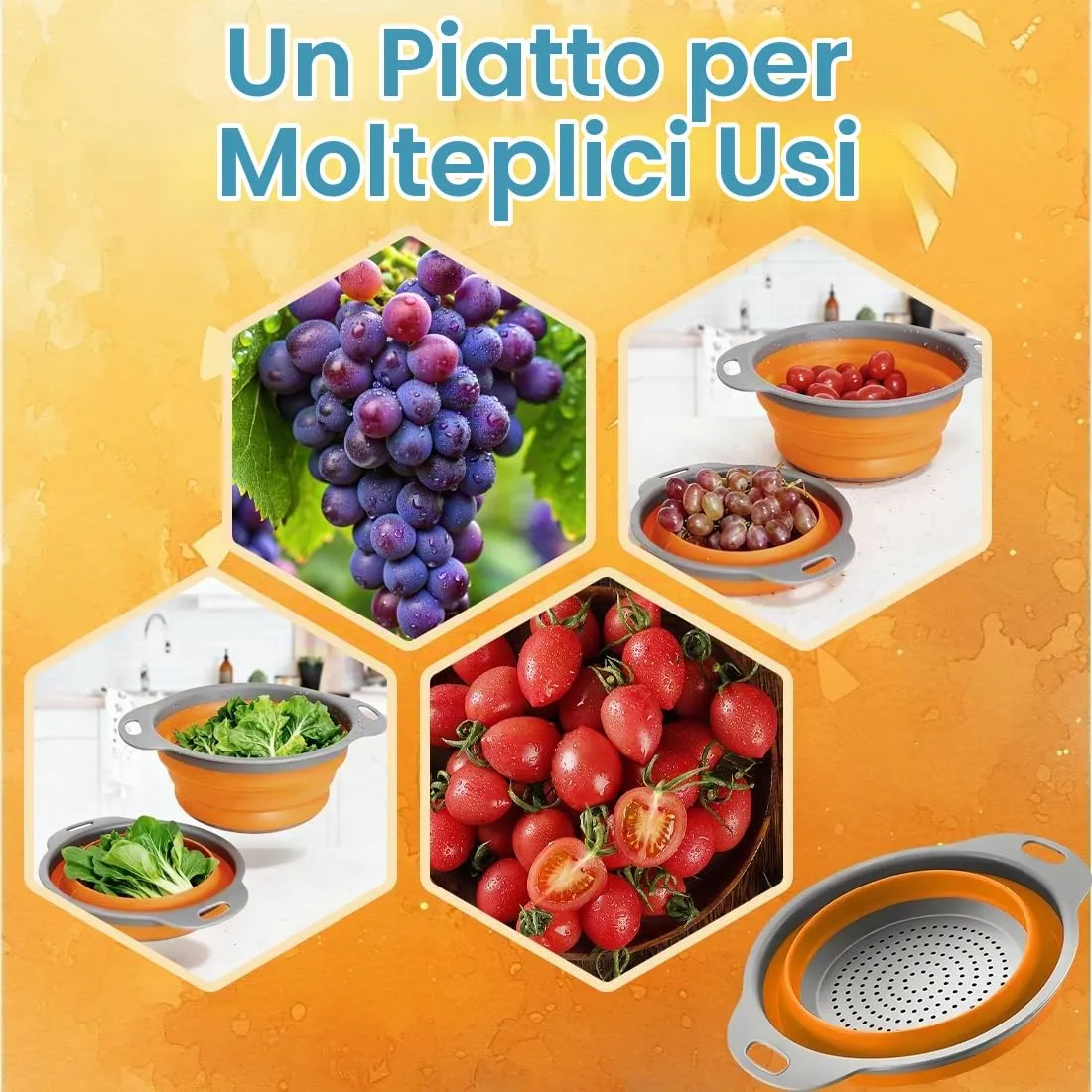 Scolapasta Pieghevole Scolapasta Silicone, 1 pezzi, centrifuga insalata, per scolare pasta verdure e frutta scolapasta, Cucina Scolapasta - immagine 4