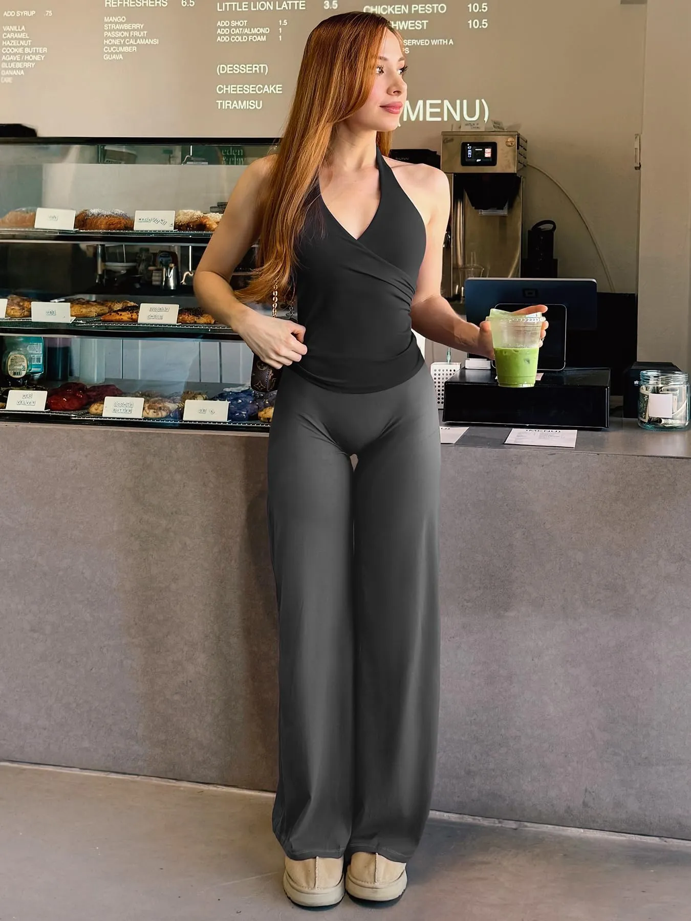 ZAAYO - Pantaloni da yoga senza cuciture da donna, leggings dritti a vita alta, leggings a zampa sportivi da yoga, leggings da donna opachi, pantaloni a sigaretta, grigio scuro, XS (lungo) - immagine 3