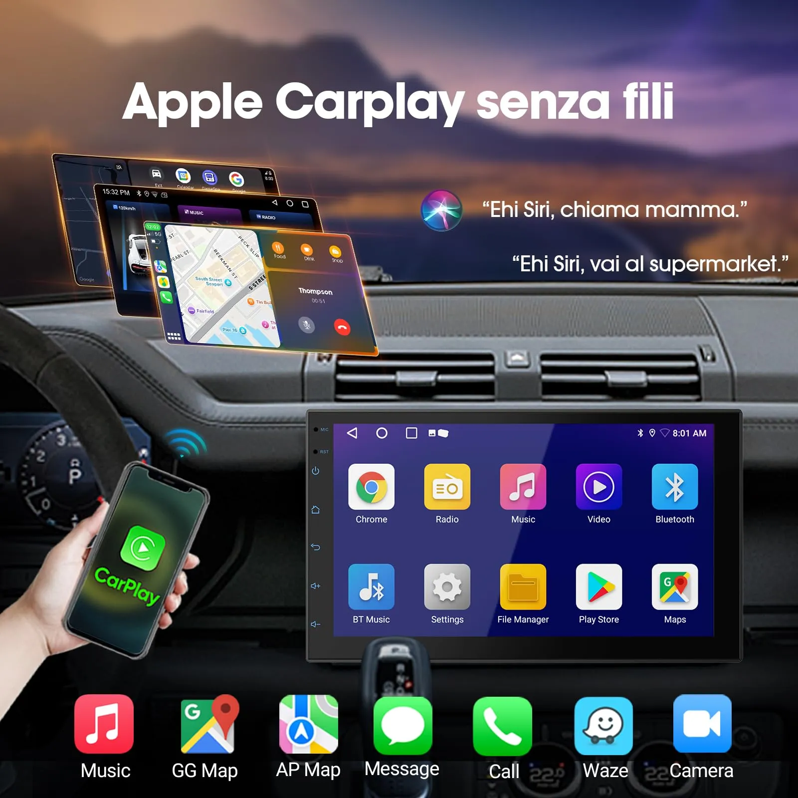 Haudio Autoradio da 7 pollici 2 Din, compatibile con Apple Carplay e Android Auto, autoradio con telecamera di retromarcia HD, APP, Bluetooth, WiFI, FM/AM/per tutte le auto, 2+64 GB(Aggiornamento CPU) - immagine 2