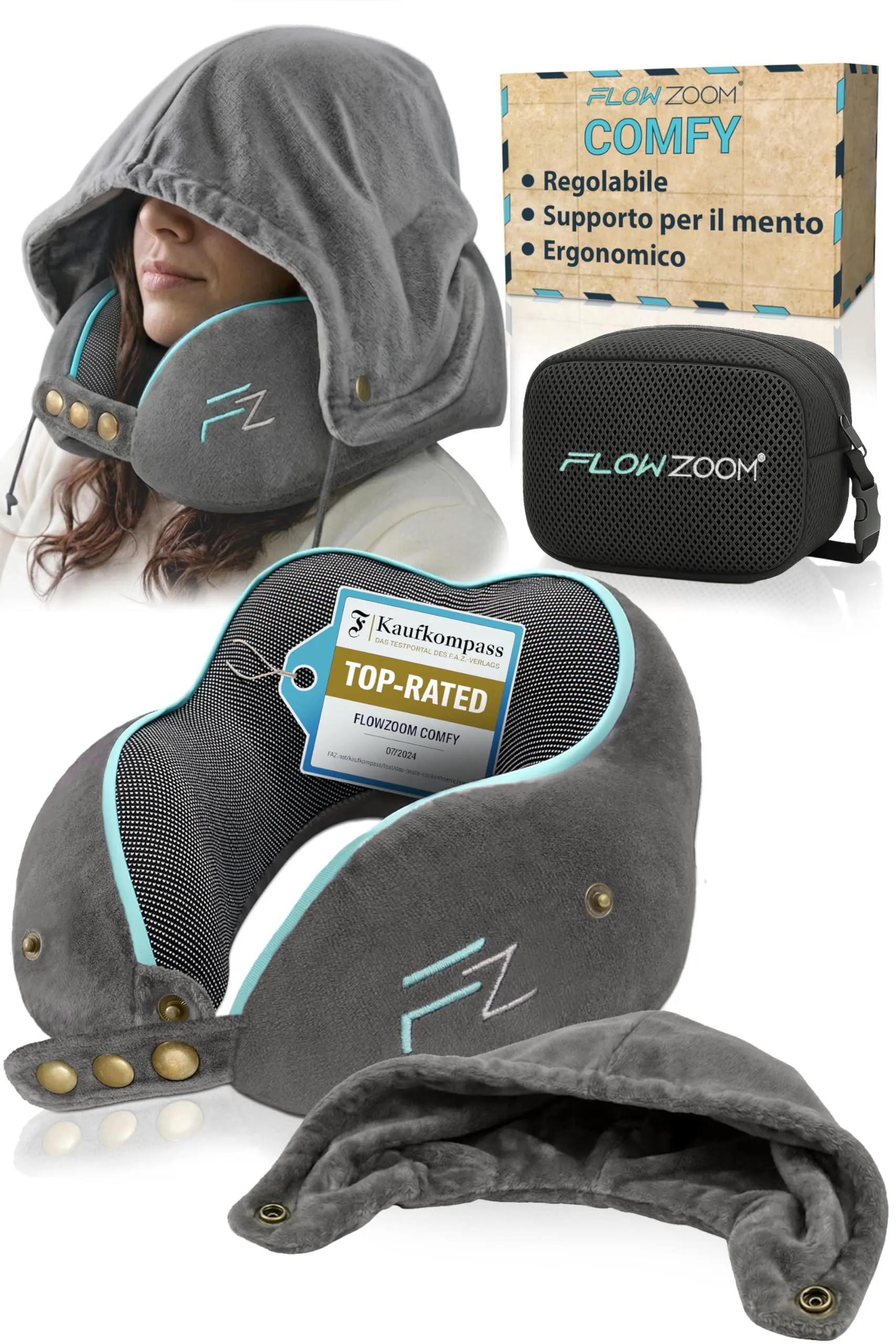 FLOWZOOM Comfy Cuscino da Viaggio con Cappuccio in Schiuma Memory per Aereo e Auto – Cuscino per il Collo Regolabile con Supporto a 360°, Fodera Lavabile e Sacchetto in Rete per il Trasporto - Grigio - immagine 1