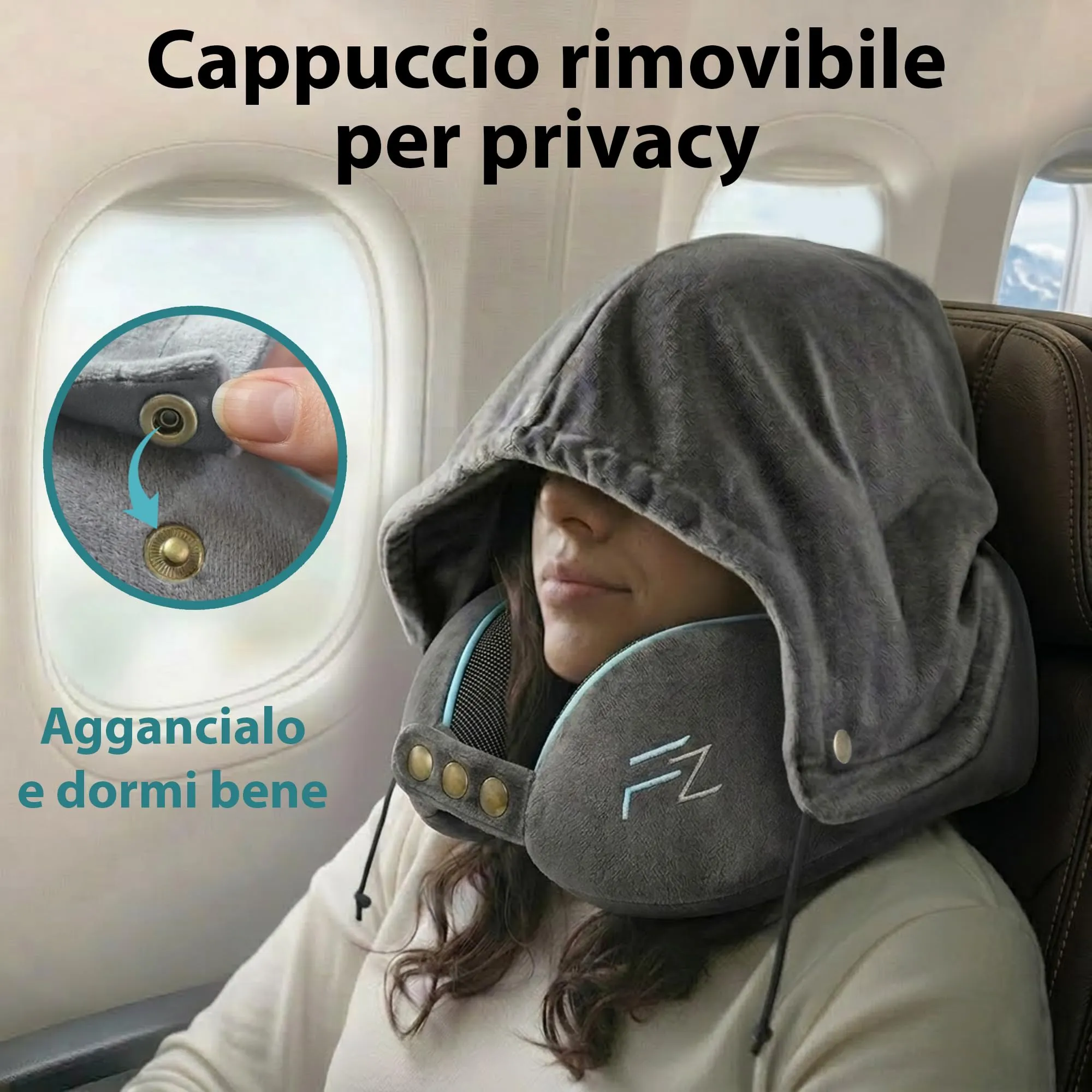 FLOWZOOM Comfy Cuscino da Viaggio con Cappuccio in Schiuma Memory per Aereo e Auto – Cuscino per il Collo Regolabile con Supporto a 360°, Fodera Lavabile e Sacchetto in Rete per il Trasporto - Grigio - immagine 2