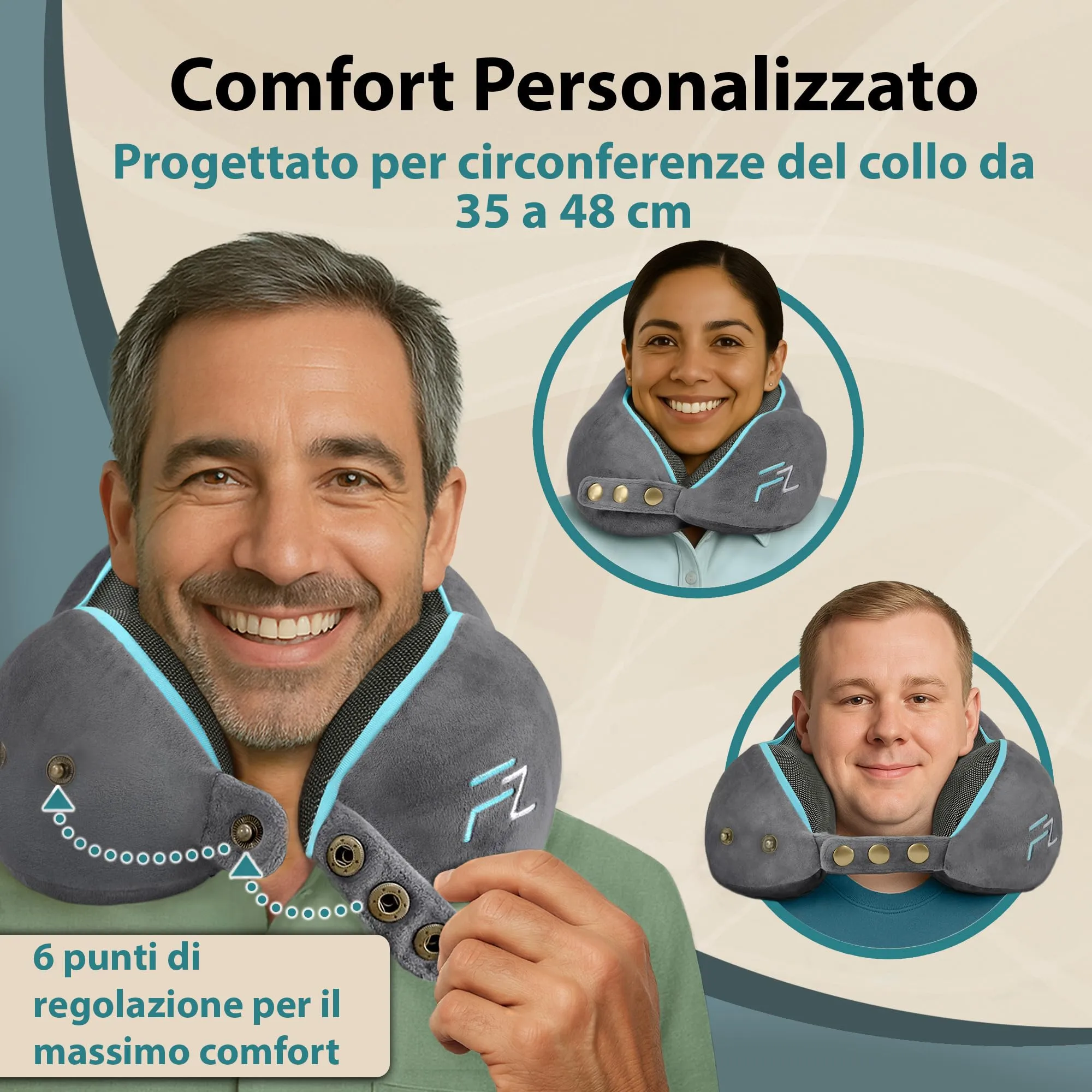FLOWZOOM Comfy Cuscino da Viaggio con Cappuccio in Schiuma Memory per Aereo e Auto – Cuscino per il Collo Regolabile con Supporto a 360°, Fodera Lavabile e Sacchetto in Rete per il Trasporto - Grigio - immagine 3