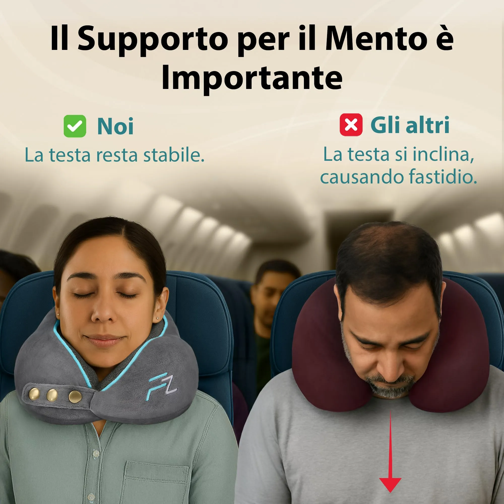 FLOWZOOM Comfy Cuscino da Viaggio con Cappuccio in Schiuma Memory per Aereo e Auto – Cuscino per il Collo Regolabile con Supporto a 360°, Fodera Lavabile e Sacchetto in Rete per il Trasporto - Grigio - immagine 4