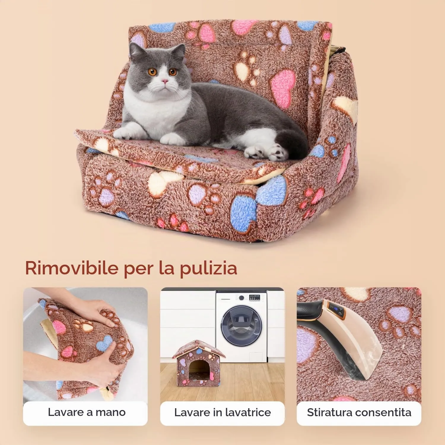 Nobleza Casetta per cani, Cozy Cuccia per Gatti e Cani Tetto asportabile Pieghevole Cuccia Gatto Chiusa Interno con materasso rimovibile 48x45x39cm M, Morbido Caldo e Lavabile Marrone - immagine 6