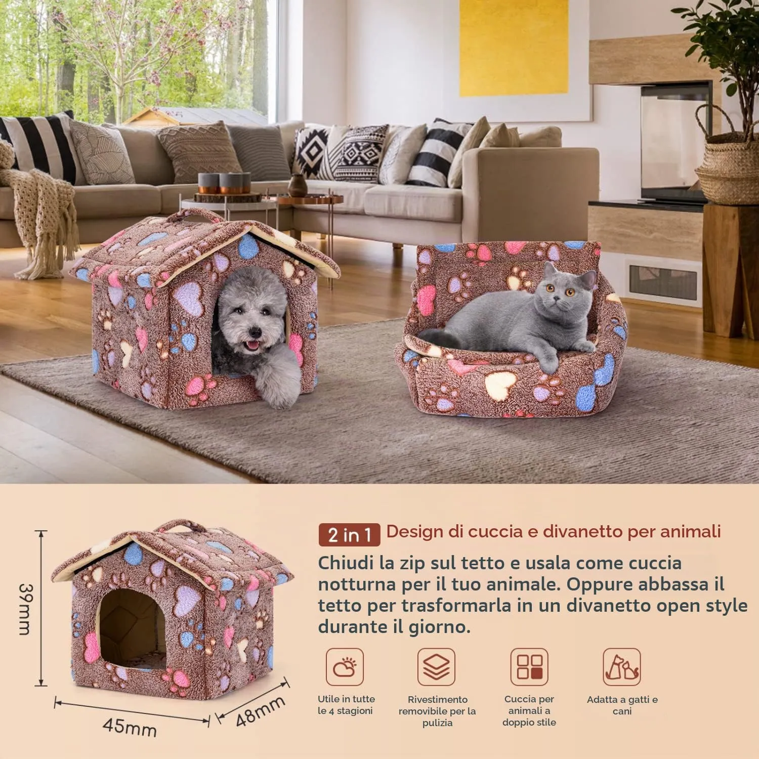 Nobleza Casetta per cani, Cozy Cuccia per Gatti e Cani Tetto asportabile Pieghevole Cuccia Gatto Chiusa Interno con materasso rimovibile 48x45x39cm M, Morbido Caldo e Lavabile Marrone - immagine 8