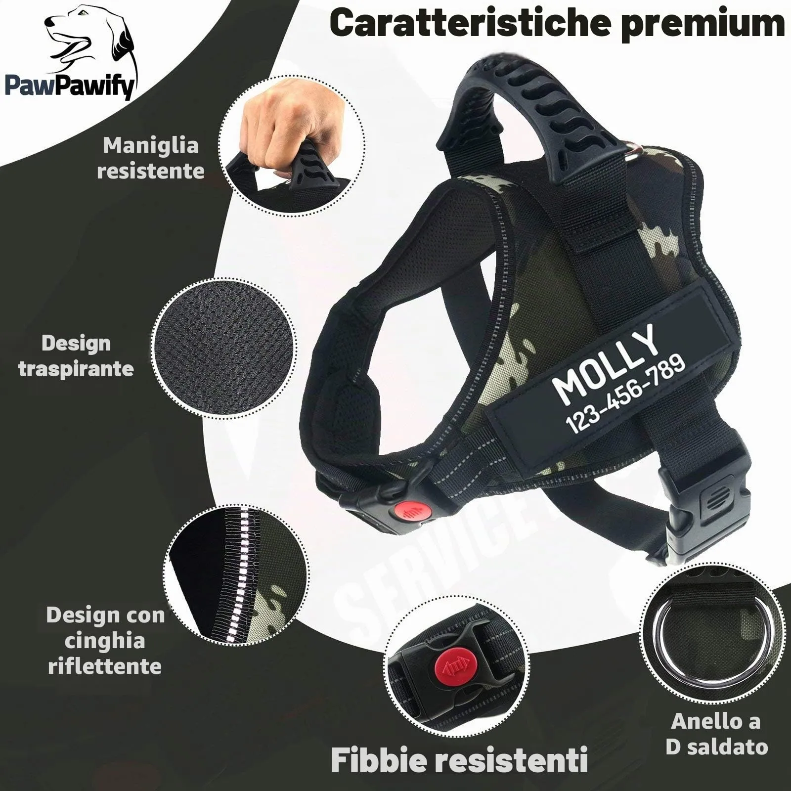 PawPawify, Pettorina per cani antitiro robusta, per evitare strattoni, tirate o soffocamento, per addestramento e passeggiate, personalizzabile con nome e telefono, XL, petto 81-112 cm, verde mimetico - immagine 3
