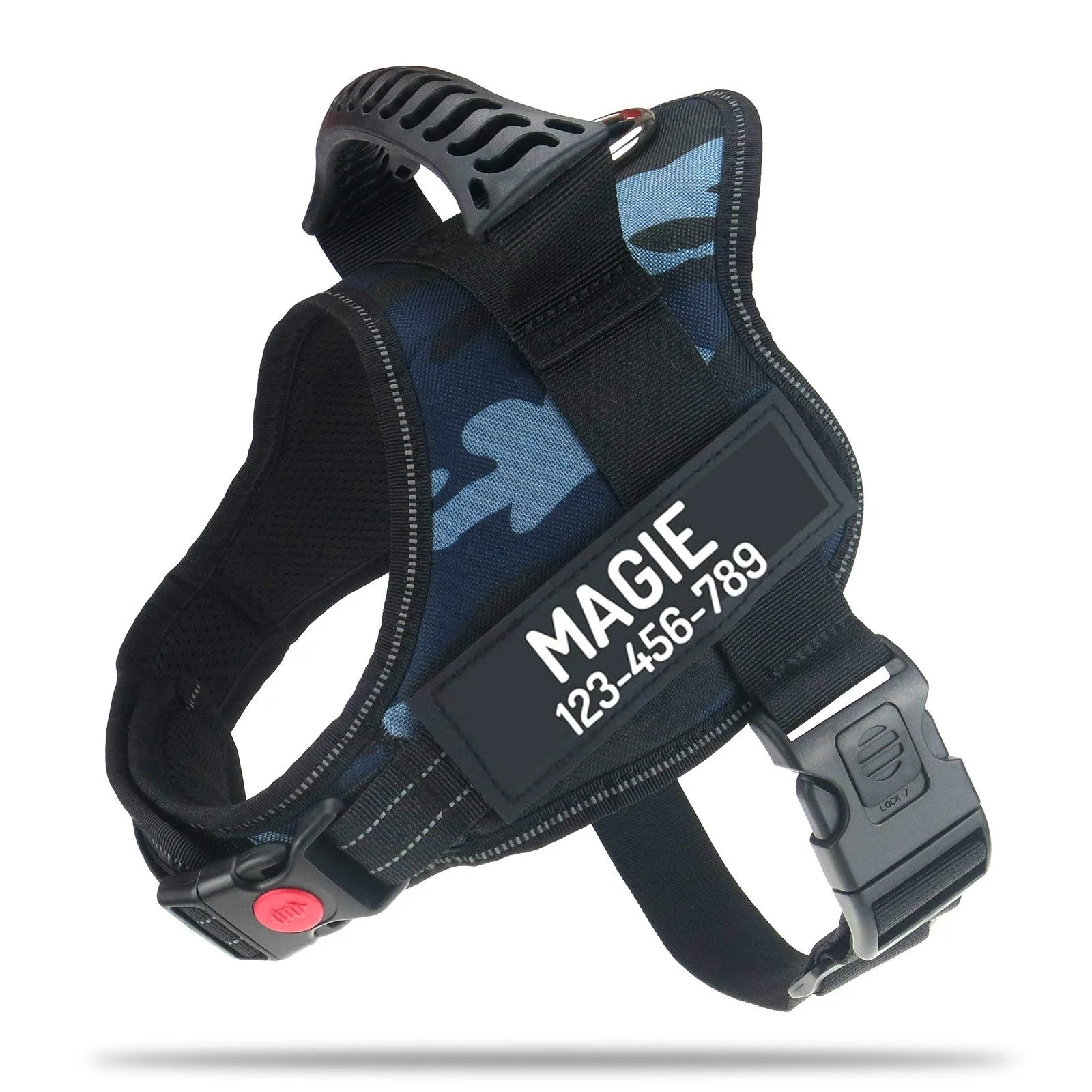 PawPawify, Pettorina per cani antitiro robusta, per evitare strattoni, tirate o soffocamento, per addestramento e passeggiate, personalizzabile con nome e telefono, XL, petto 81-111,8 cm, blu mimetico - immagine 1