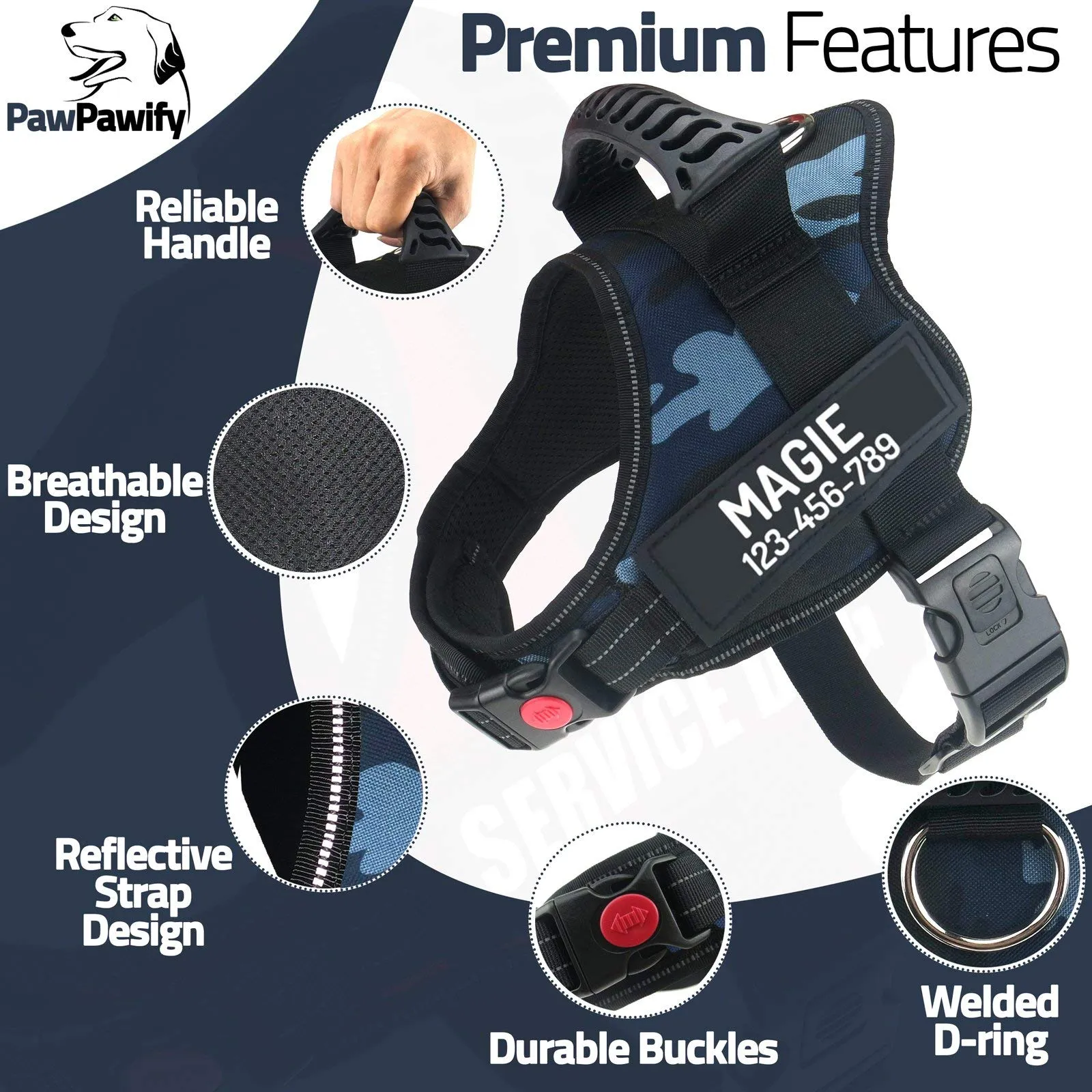 PawPawify, Pettorina per cani antitiro robusta, per evitare strattoni, tirate o soffocamento, per addestramento e passeggiate, personalizzabile con nome e telefono, XXL, petto 84-117 cm, blu mimetico - immagine 3
