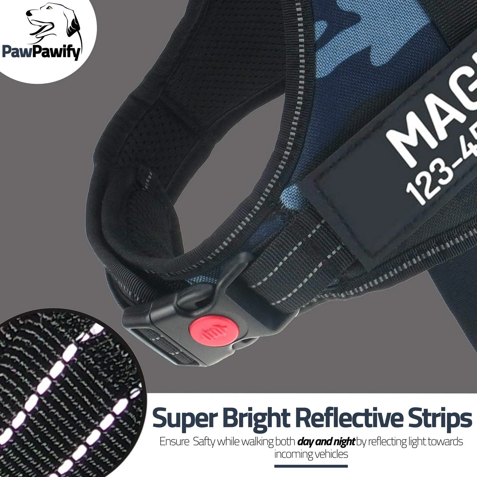 PawPawify, Pettorina per cani antitiro robusta, per evitare strattoni, tirate o soffocamento, per addestramento e passeggiate, personalizzabile con nome e telefono, XXL, petto 84-117 cm, blu mimetico - immagine 4