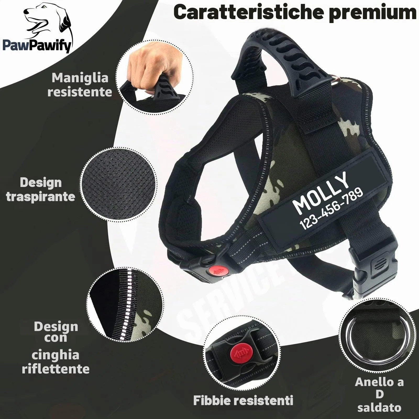 PawPawify, Pettorina antitiro per cani robusta, per evitare strattoni, tirate o soffocamento, per addestramento e passeggiate, personalizzabile con nome e telefono, S, petto 51-63,5 cm, verde mimetico - immagine 3