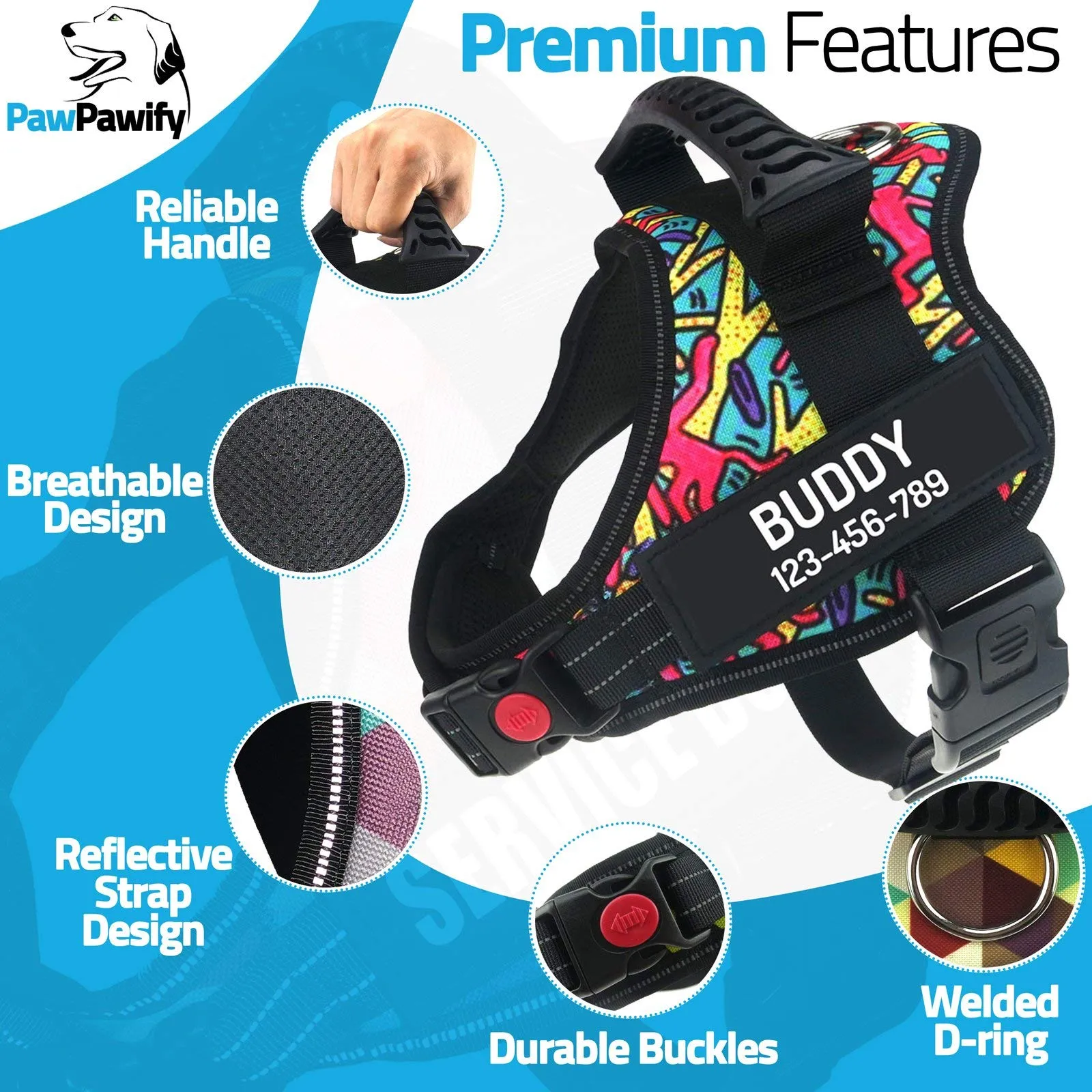 PawPawify, Pettorina per cani antitiro robusta, per evitare strattoni, tirate o soffocamento, per addestramento e passeggiate, personalizzabile con nome e numero di telefono, XXL, petto 83,8-116,84 cm - immagine 3