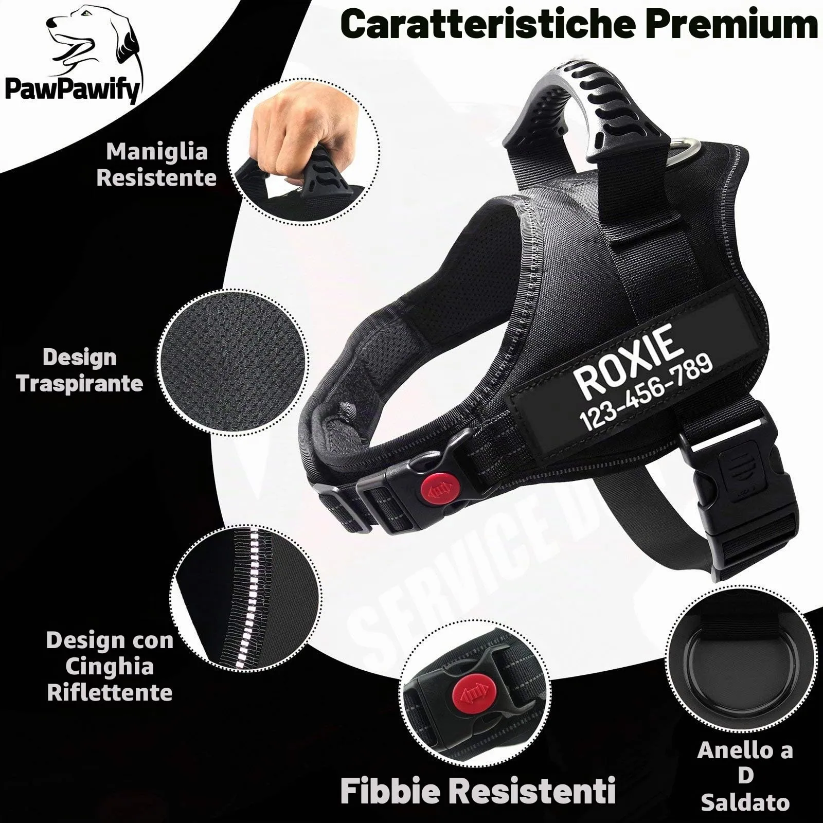 PawPawify, Pettorina antitiro per cani robusta, per evitare strattoni, tirate o soffocamento, per addestramento e passeggiate, personalizzabile con nome e telefono, M, petto 61-78,7 cm, nero - immagine 3