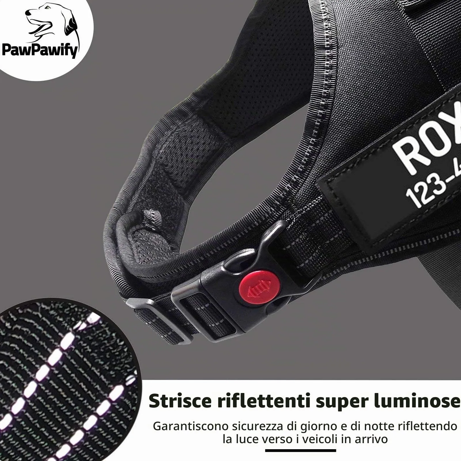 PawPawify, Pettorina antitiro per cani robusta, per evitare strattoni, tirate o soffocamento, per addestramento e passeggiate, personalizzabile con nome e telefono, M, petto 61-78,7 cm, nero - immagine 4