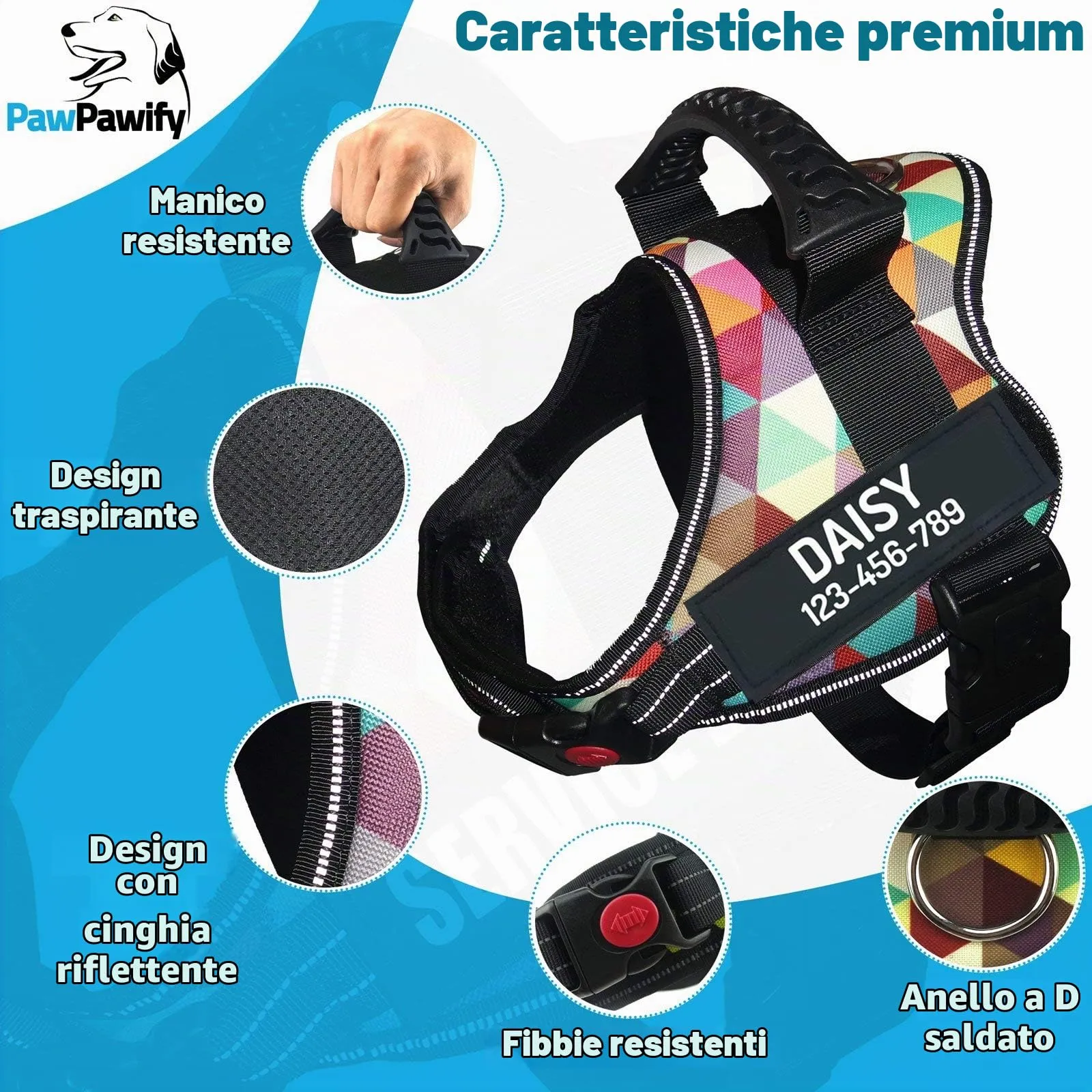 PawPawify, Pettorina antitiro per cani robusta, per evitare strattoni, tirate o soffocamento, per addestramento e passeggiate, personalizzabile con nome e telefono, XS, petto 43-56 cm, multicolore - immagine 3