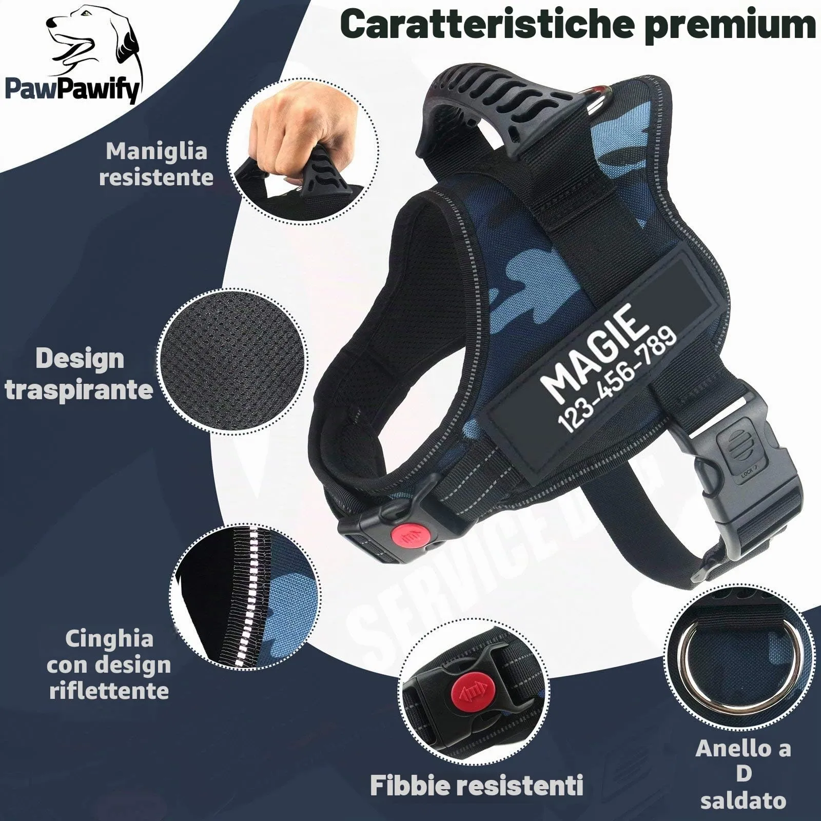PawPawify, Pettorina antitiro per cani robusta, per evitare strattoni, tirate o soffocamento, per addestramento e passeggiate, personalizzabile con nome e telefono, L, petto 71-96,5 cm, blu mimetico - immagine 3